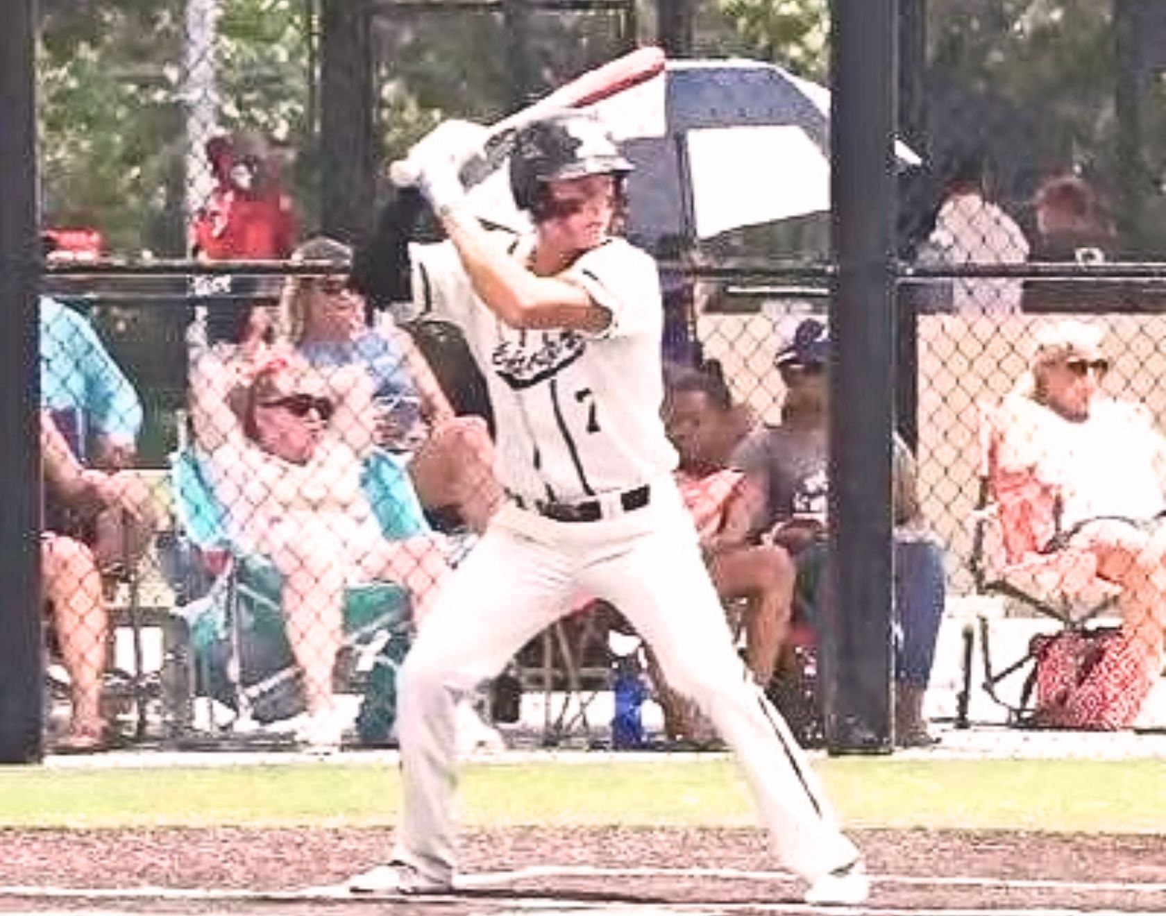 Michael Olender looks to swing for the fences in a recent game for the Hun School (Richfield, NJ). Olender is currently one of the leading New Jersey-based outfielders that is on the MLB Draft Board coming out of High School (Photo Credit: Michael Olender via x.com)