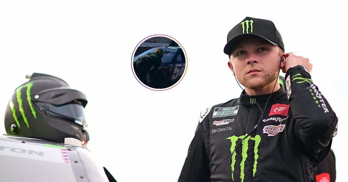 Ty Gibbs nearly crashes into his front tire changer at World Wide Technology Raceway (Image: Getty and X @NASCARONFOX )