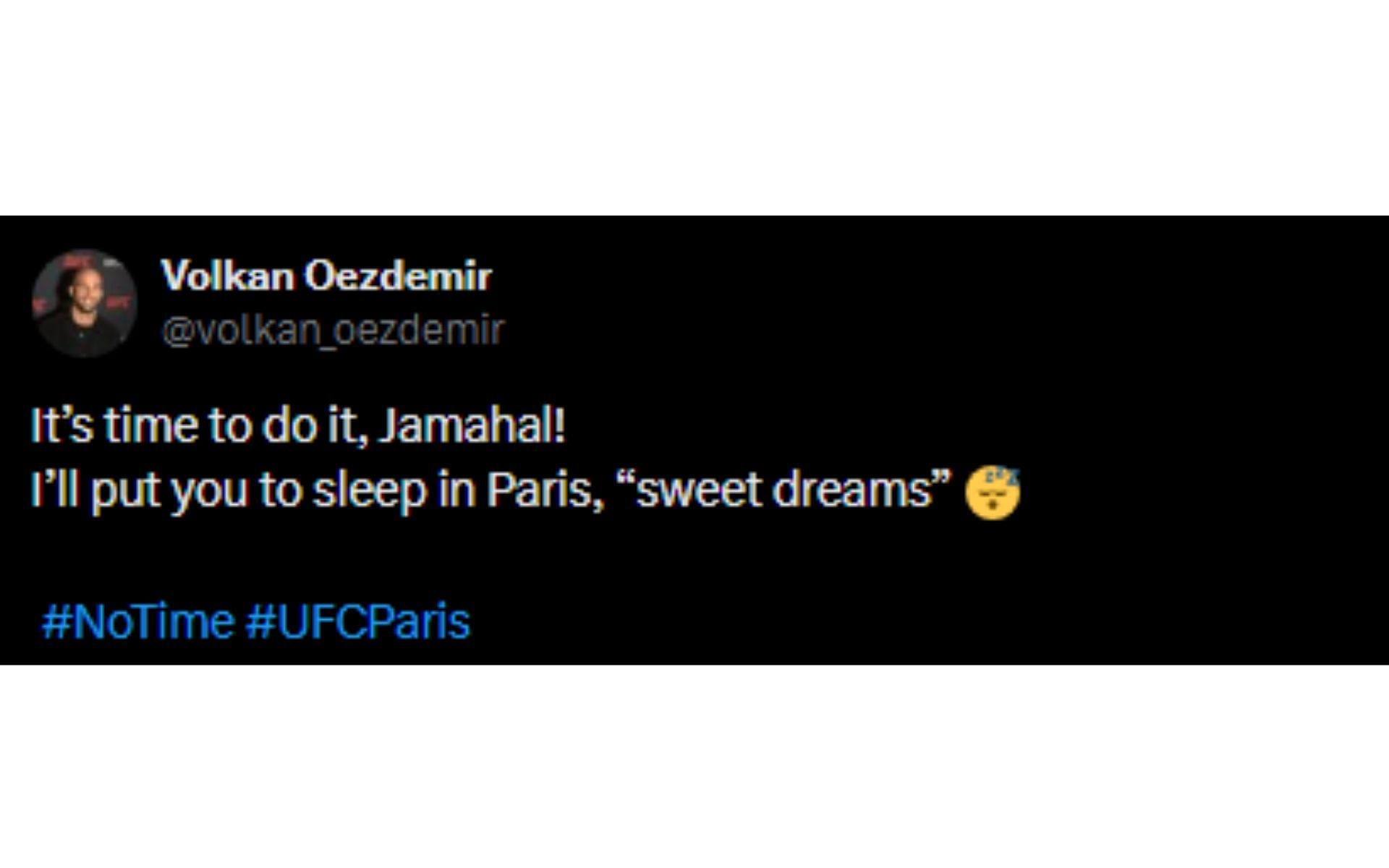 Oezdemir&#039;s tweet regarding a potential bout against Hill [Image courtesy: @volkan_oezdemir - X]