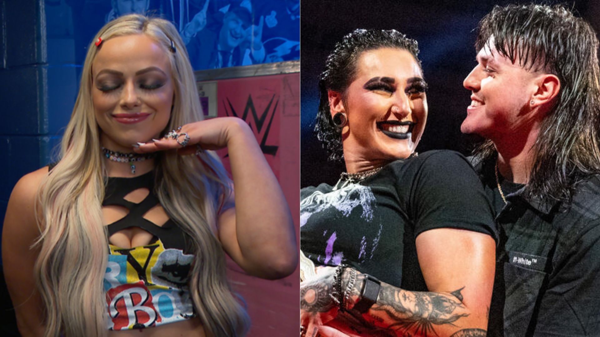 Liv Morgan (left); Rhea Ripley and Dominik Mysterio (right) [Image Credit: wwe.com]