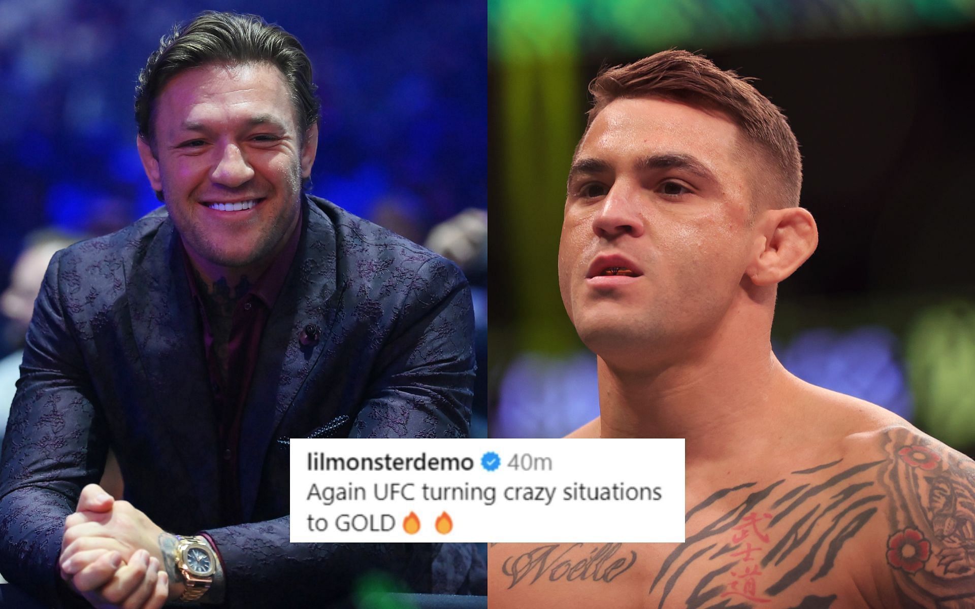 Dustin Poirier (right) and others react to Conor McGregor (left) pulling out of UFC 303 [Image courtesy: Getty Images] 