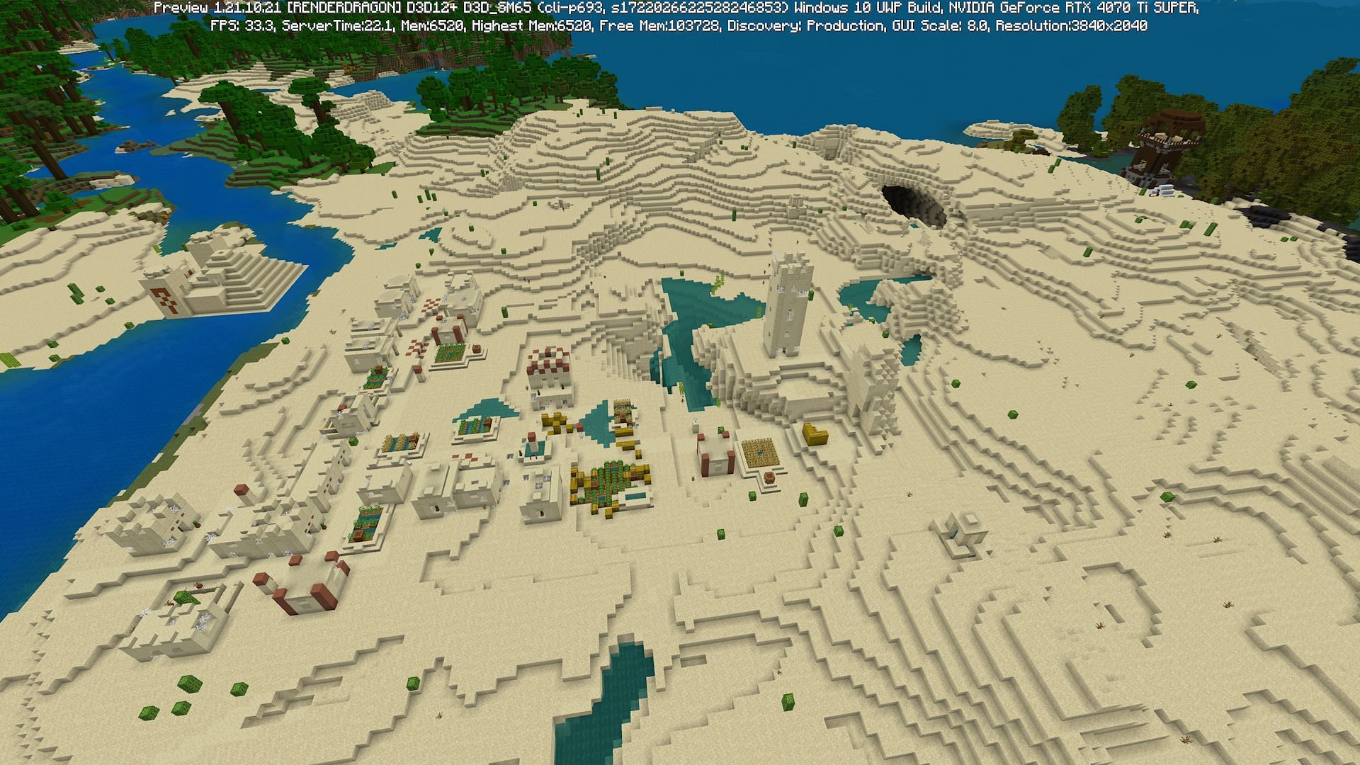 A zombie village, pillager outpost, and desert temple all near each other (Image via Mojang)