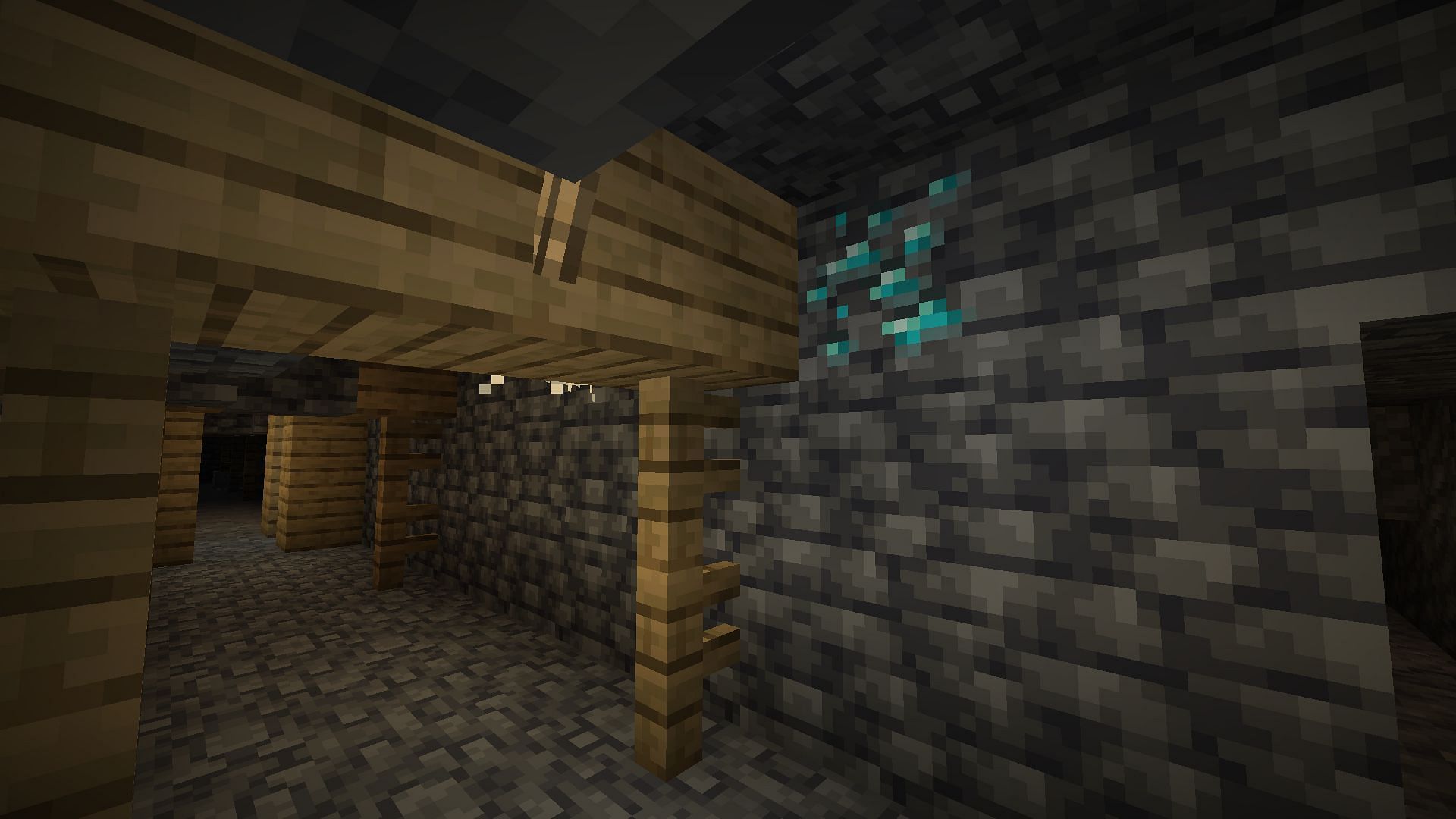 Diamond ore found in the ceiling of an abandoned mine (Image via Mojang)