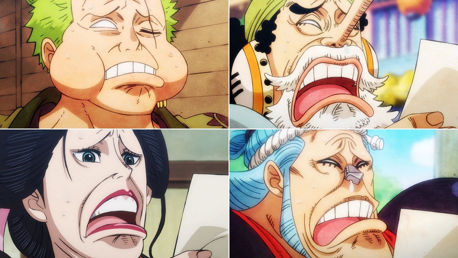 Zoro, Usopp, Robin, and Franky react to the news of Luffy being captured (Image via Toei Animation)