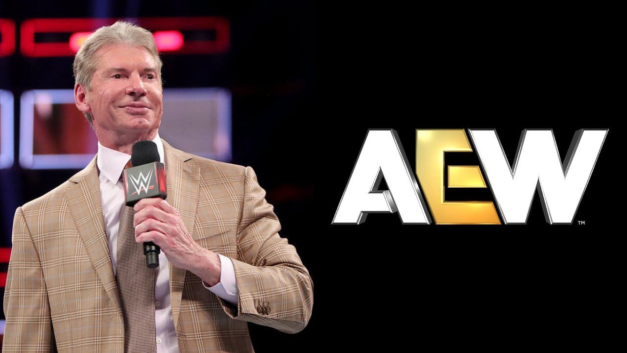 Former WWE boss Vince McMahon (left) and AEW logo (right)