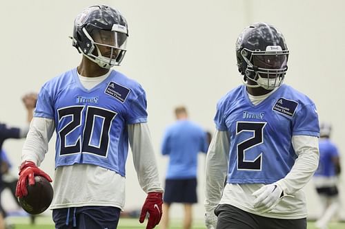 Tony Pollard (#20( and Tyjae Spears (#2) during Tennessee Titans Mandatory Minicamp