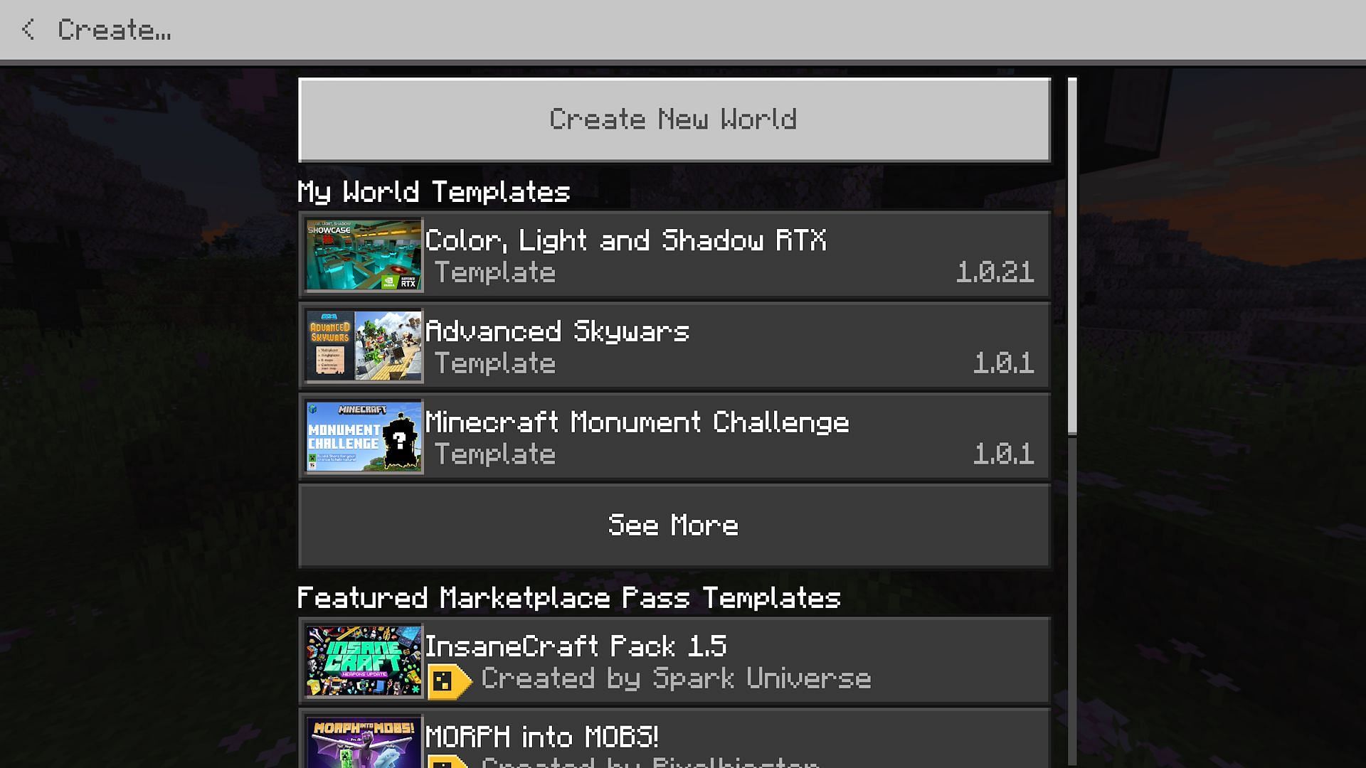 Creating a new world is required for enabling experiments (Image via Mojang)