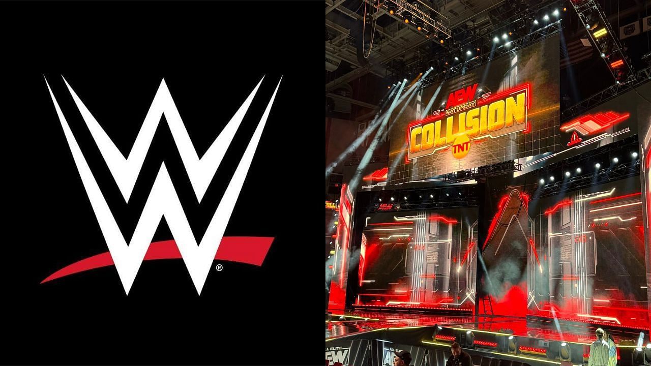 WWE logo (left) and AEW Collision stage (right)