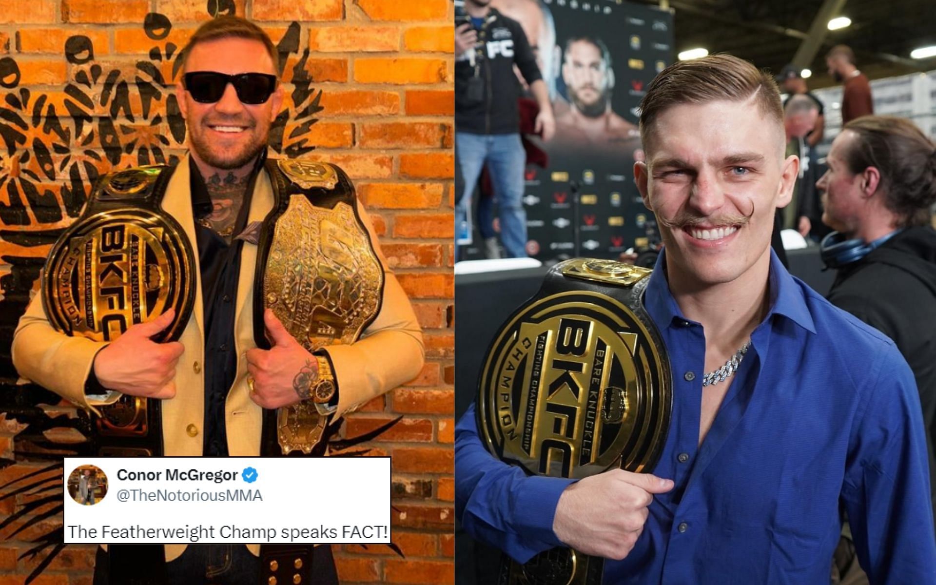 Conor McGregor (left) tweeted (insert) about what BKFC featherweight champ Kai Stewarrt said about his promotion. [Image credit: @thenotoriousmma and @kaihb145 on Instagram, @TheNotoriousMMA on X]