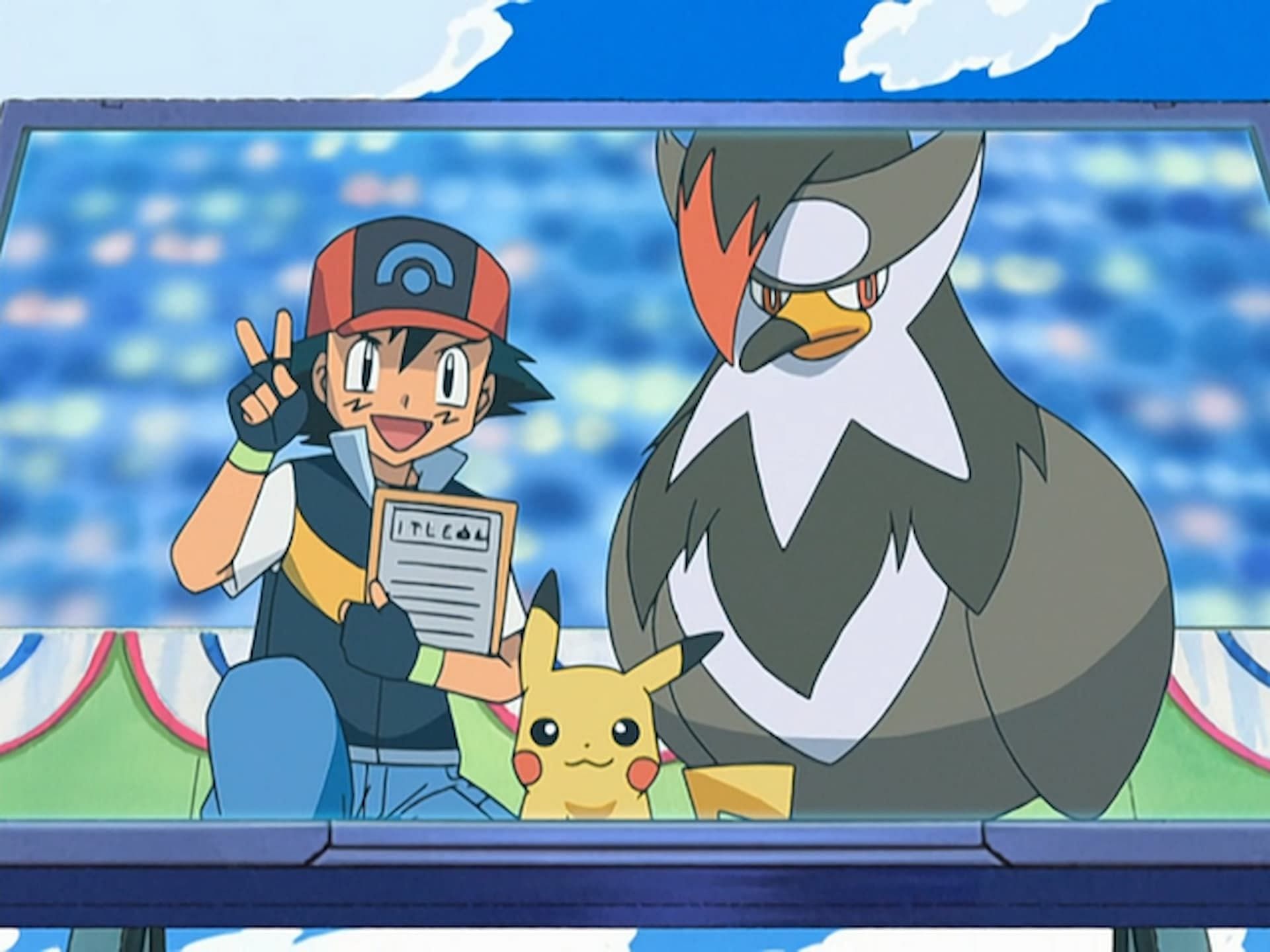 Staraptor and Ash winning Squallville PokeRinger competition in the anime (Image via TPC)