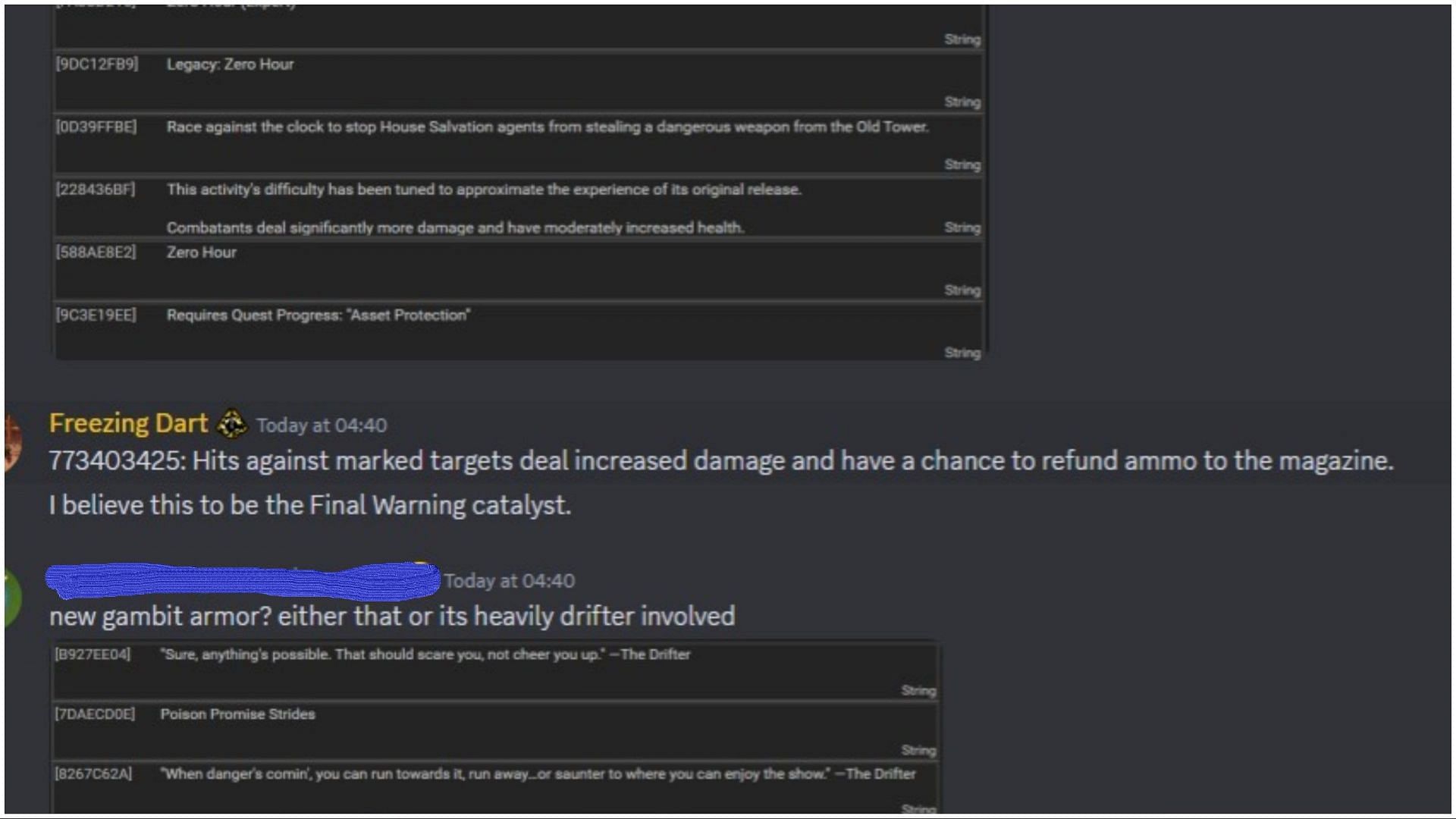 The message from the Discord chat (Image via Bungie Leaks Discord)