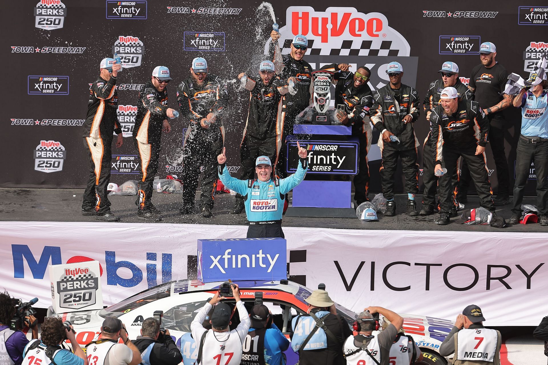 NASCAR Xfinity Series Hy-Vee Perks 250: Sam Mayer, driver of the #1 Roto-Rooter Chevrolet, celebrates in victory lane. Courtesy: Getty