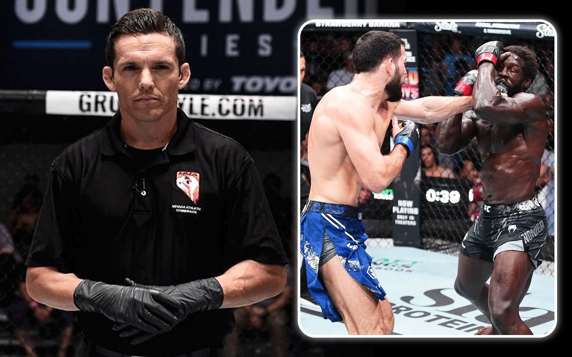 Jason Herzog (left) responds to critism over Jared Cannonier vs. Nassourdine Imavov (inset) stoppage [Images courtesy: @ufc_brasil and @jasonherzogmma on Instagram]