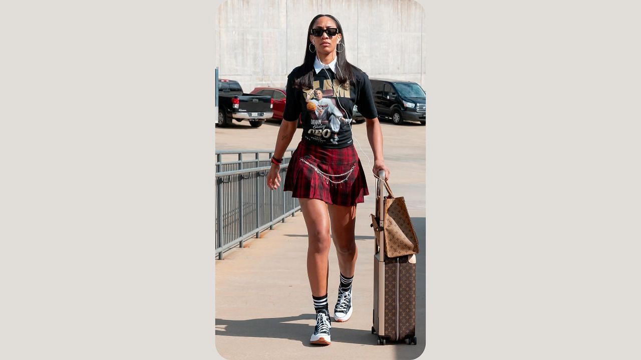 A&#039;ja Wilson sporting a stunning black and red checker skirt along with Dawn Staley SLAM T-shirt (Credits: @aja22wilson/Instagram)