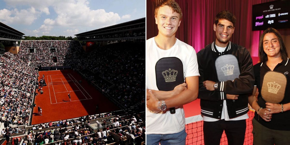 French Open stadium (L) Holger Rune, Carlos Alcaraz and Ons Jabeur at a pickleball event (R)