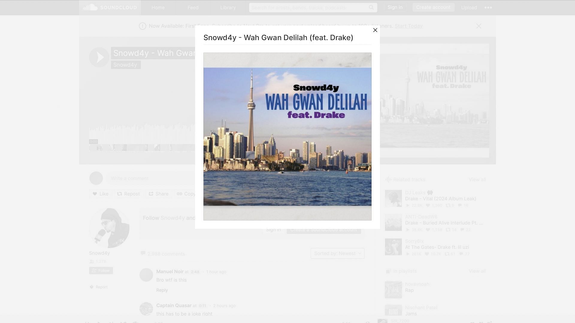 The main SoundCloud page for Snowd4y and Drake&#039;s new single &#039;Wah Gwan Delilah&#039; (Image via soundcloud.com)