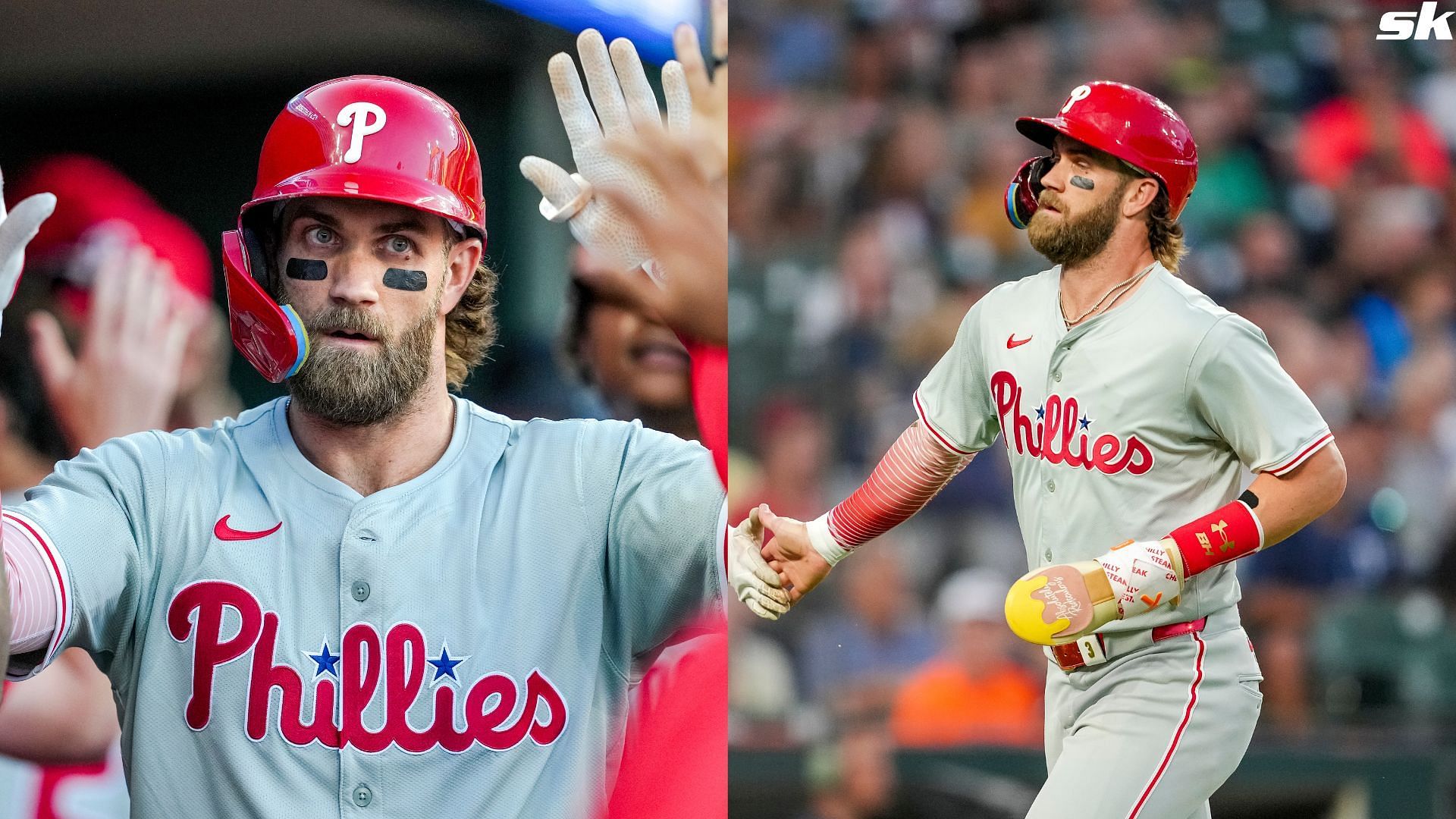 Bryce Harper of the Philadelphia Phillies celebrates after hitting a home run against the Detroit Tigers during the top of the sixth inning at Comerica Park (Source: Getty)