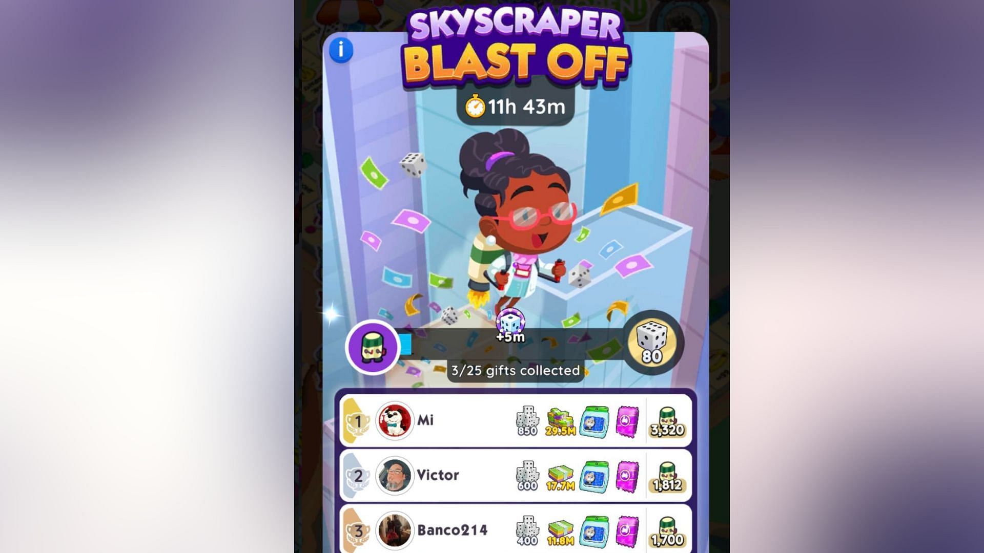 Monopoly Go Skyscraper Blast Off leaderboard rewards (Image via Scopely)