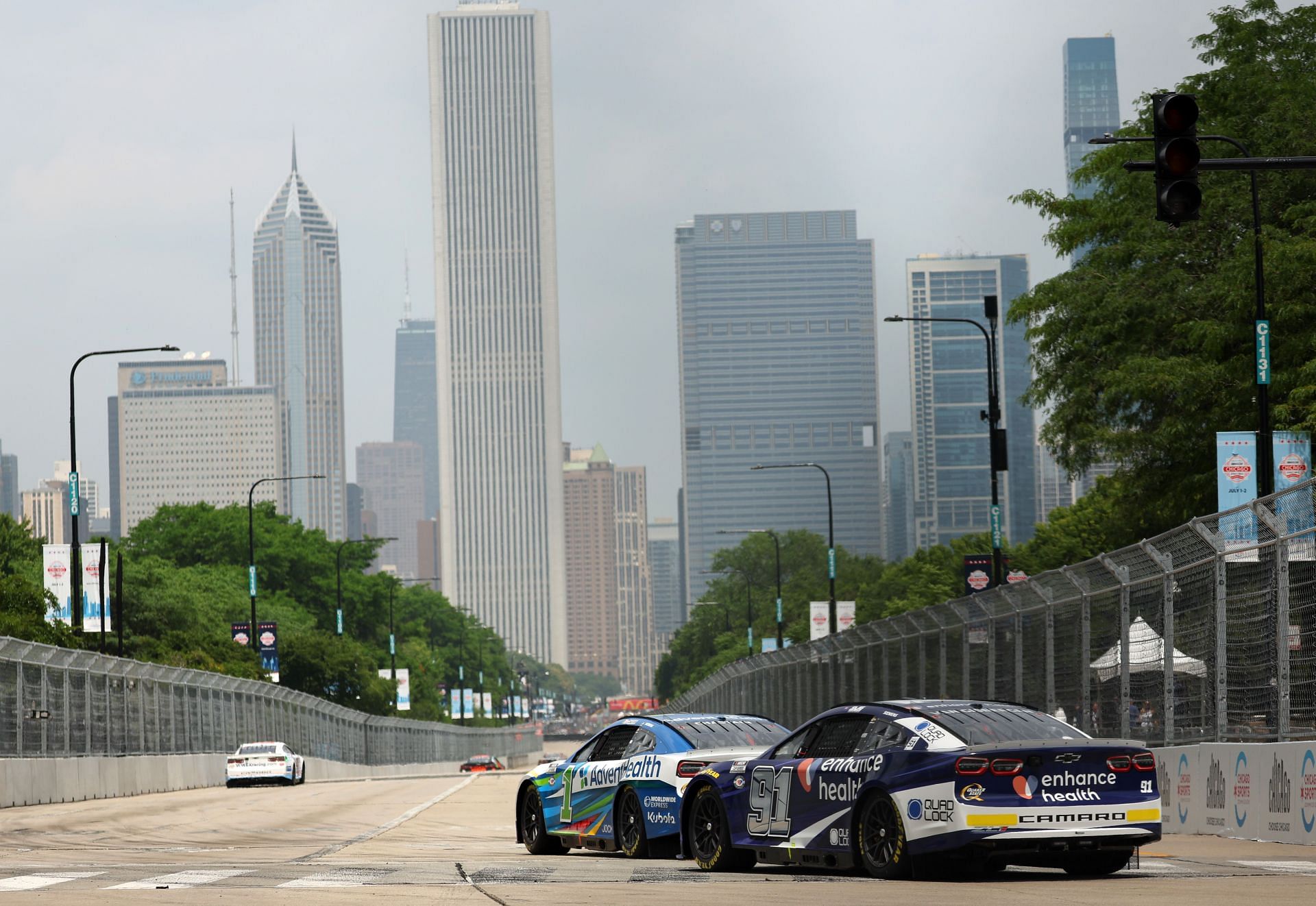 Ross Chastain, and Shane Van Gisbergen, race during practice for the NASCAR Cup Series Grant Park 220 at the Chicago Street Course on July 01, 2023, in Chicago, Illinois. (Photo by Michael Reaves/Getty Images)