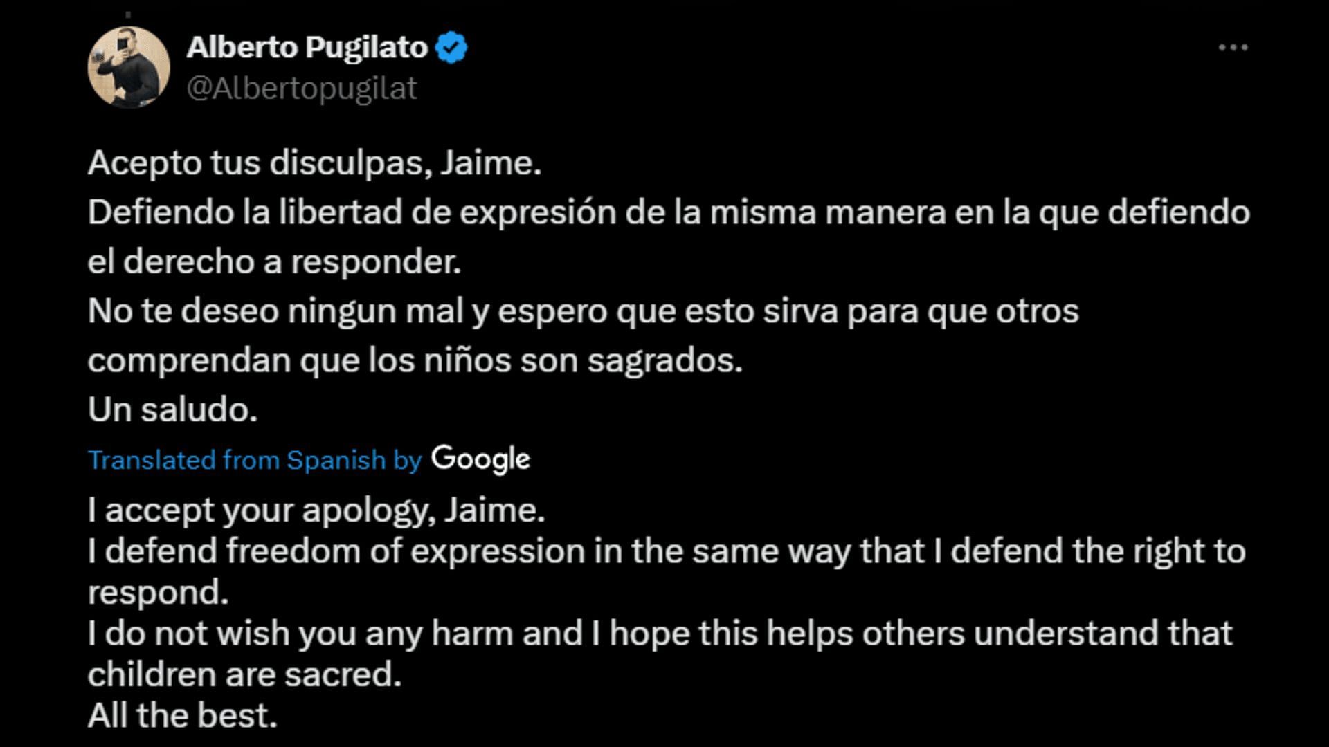 Alberto Pugilato accepts the comedian&#039;s apology. (Image via X/ Albertopugilat)