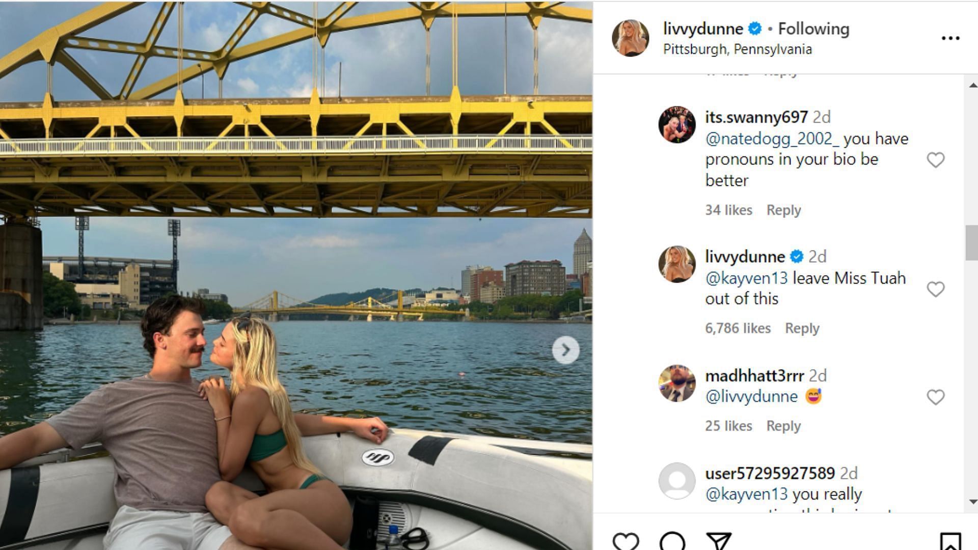 Olivia Dunne replied to a comment by a fan, invoking an NSFW internet trend. Instagram/livvydunne