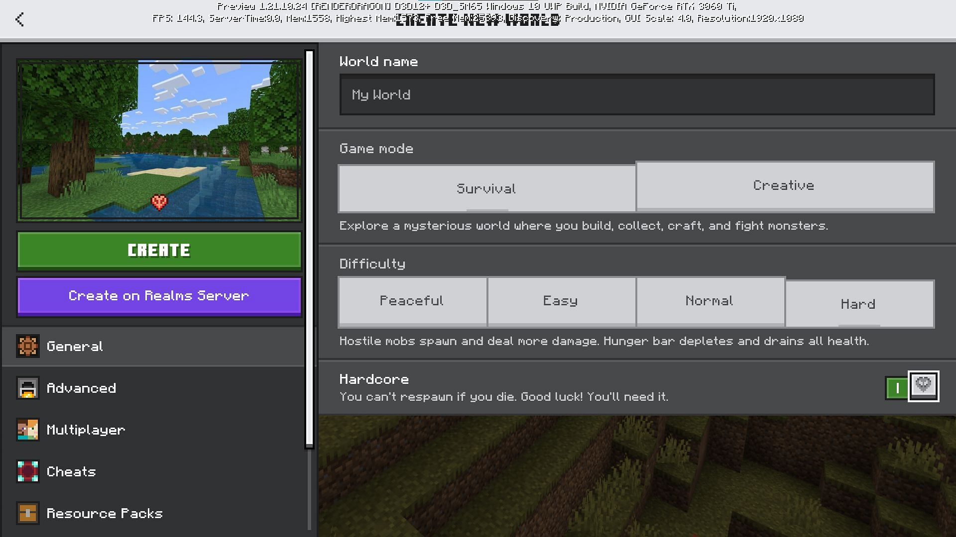 Enabling hardcore mode in the Bedrock beta version (Image via Mojang Studios)