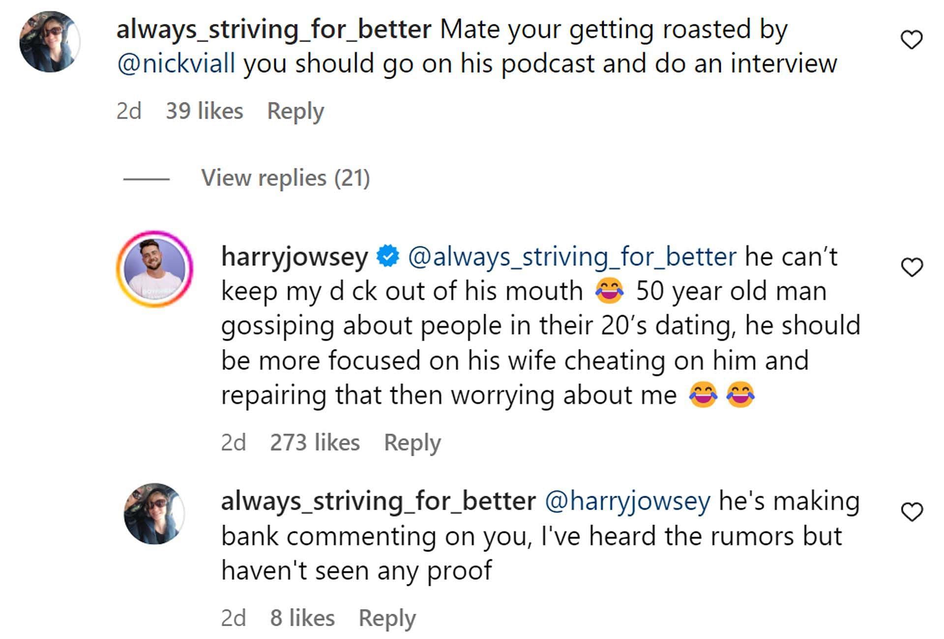A comment reacting to the news (Image via Instagram/ @)harryjowsey