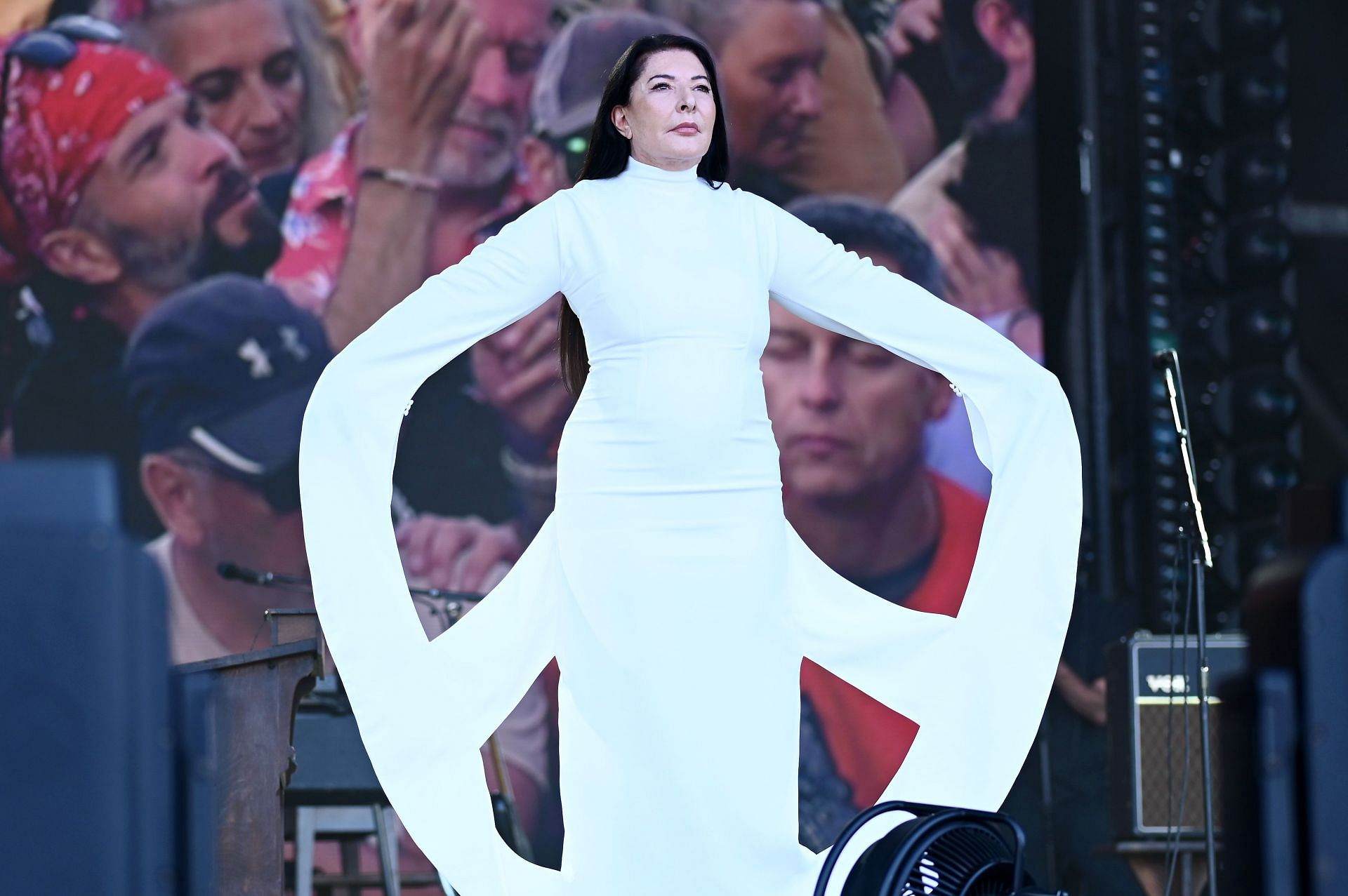 Marina Abramović performing &#039;Seven Minutes of Collective Silence&#039; during day three of Glastonbury Festival 2024 at Worthy Farm, Pilton on June 28, 2024, in Glastonbury, England. (Photo by Joe Maher/Getty Images)