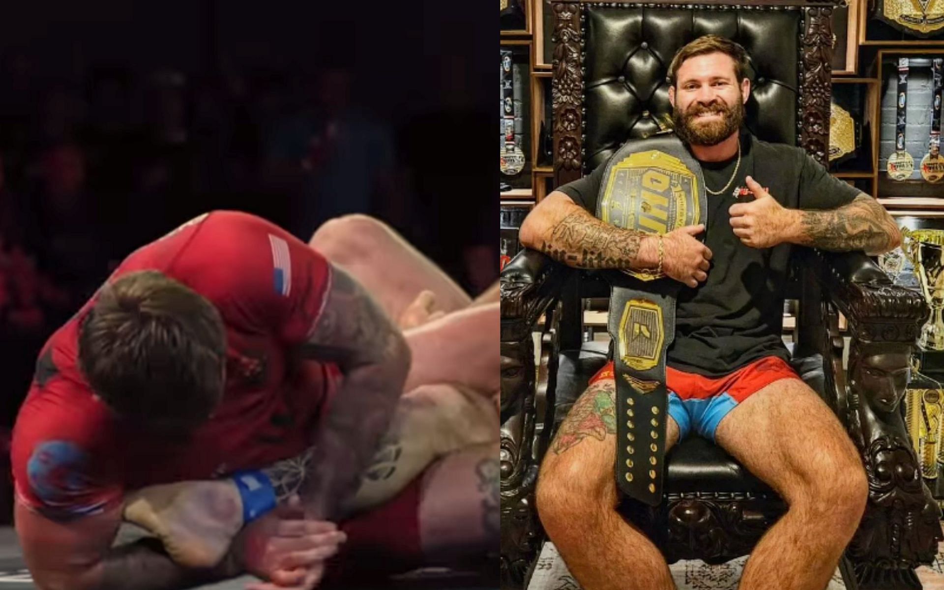 Gordon Ryan submits Josh Saunders at WNO 24 (left) and Ryan with heavyweight championship (right) [Images courtesy:@gordonlovesjiujitsu on Instagram]