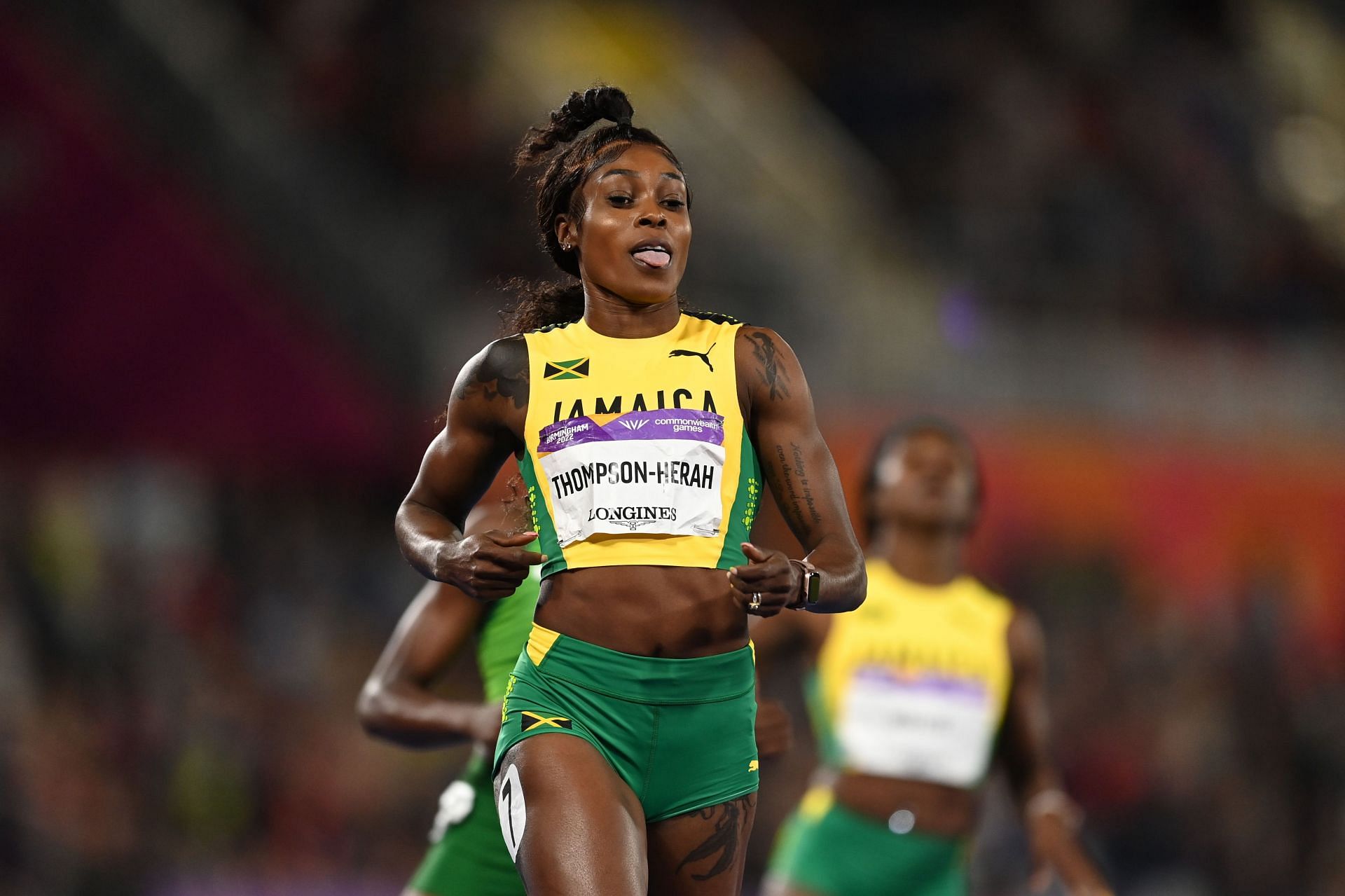 Elaine Thompson-Herah of Team Jamaica reacts after winning the gold medal in the Women&#039;s 200m Final at the 2022 Commonwealth Games in Birmingham, England