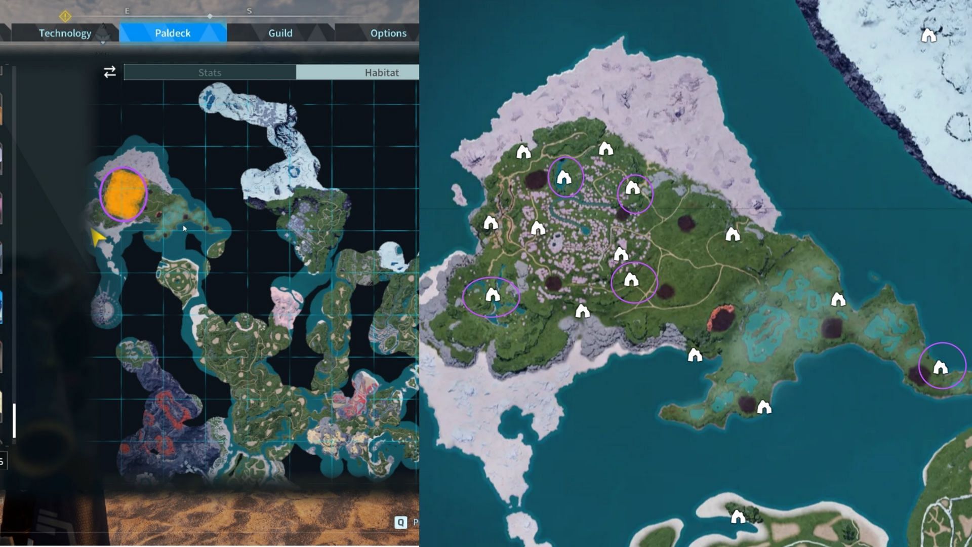 Left: Day/Night location for Yakumo. Right: Dungeon locations - map courtesy of Pal.db.cc (Image via Pocketpair, Inc.)