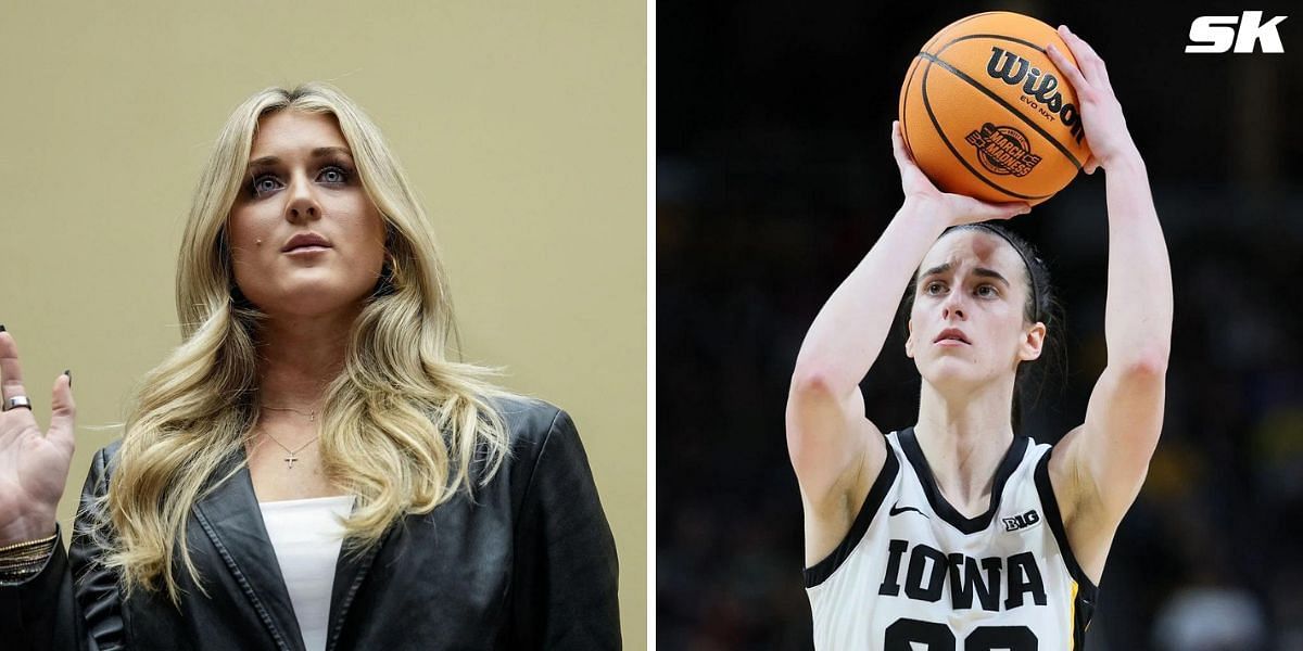 Riley Gaines reacts to crowd cheering for Caitlin Clark in away game. PHOTO: Getty Images