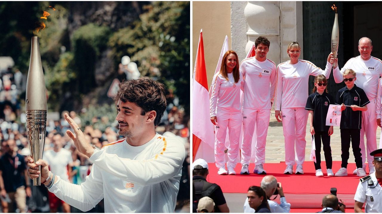 Charles Leclerc reacts to being the Olympic torchbearer at Monaco