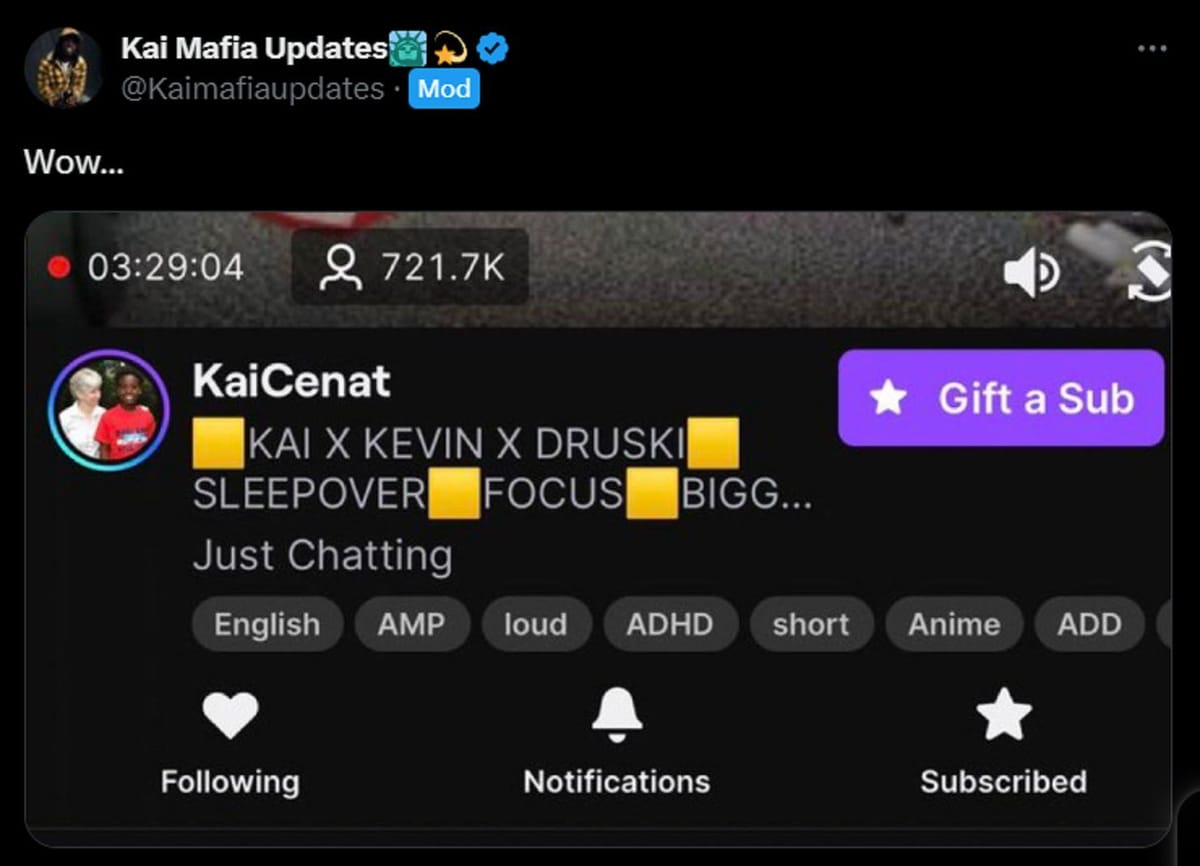Kai Cenat breaks viewership record on Twitch as his livestream with