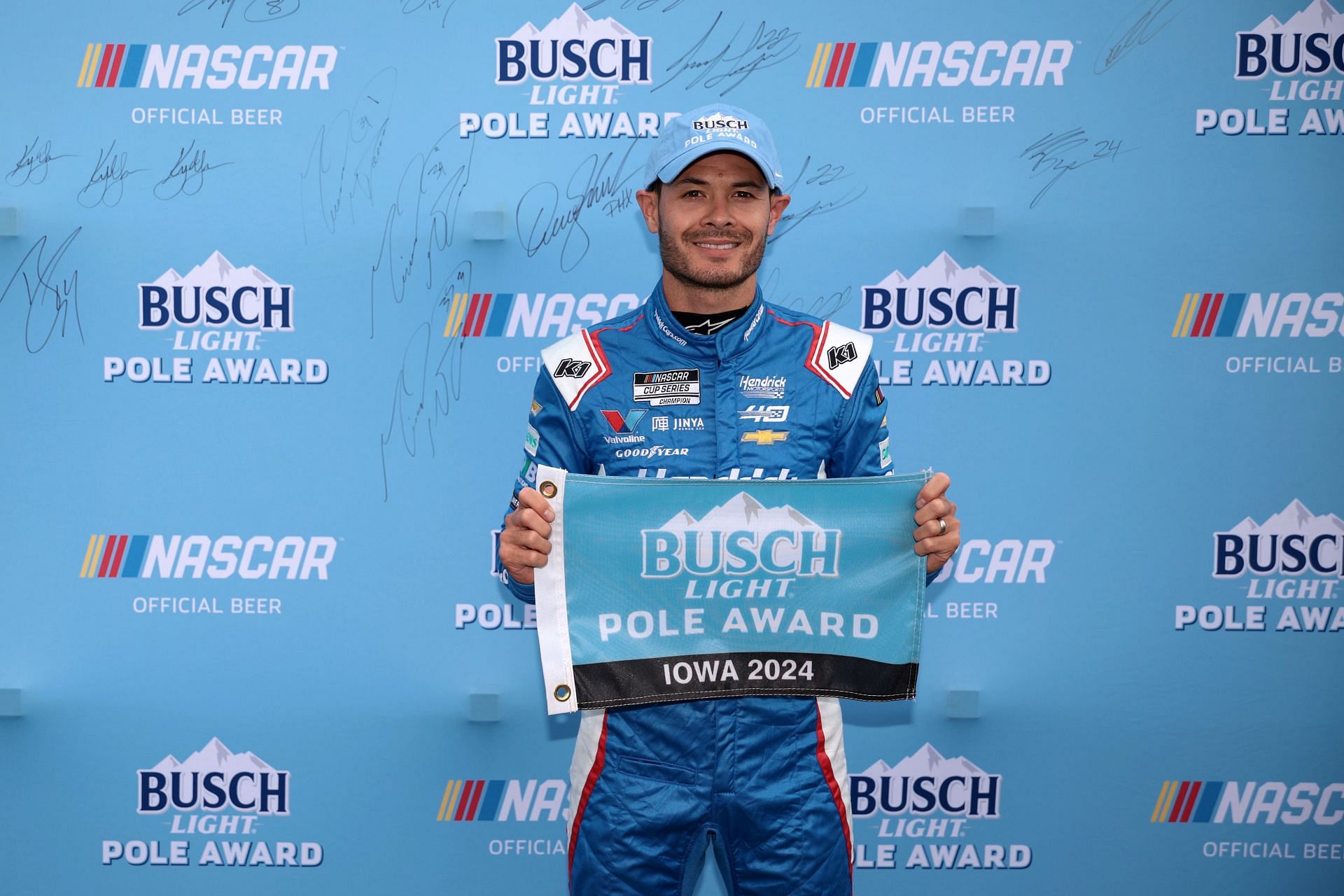 Kyle Larson, driver of the #5 HendrickCars.com Chevrolet, looks on during the NASCAR Xfinity Series Hy-Vee Perks 250 at Iowa Speedway. Credit: Getty.