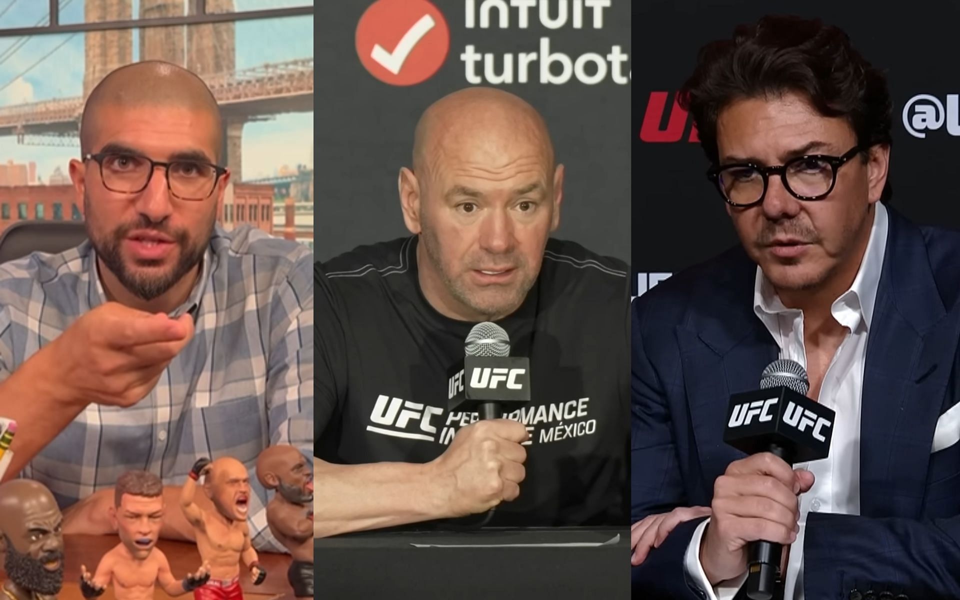 Ariel Helwani (left) taks about what may happen once Dana White (middle) leaves the UFC and Hunter Campbell (right) takes over. [Image credit: @arielhelwani on Instagram, the UFC official YouTube channel]