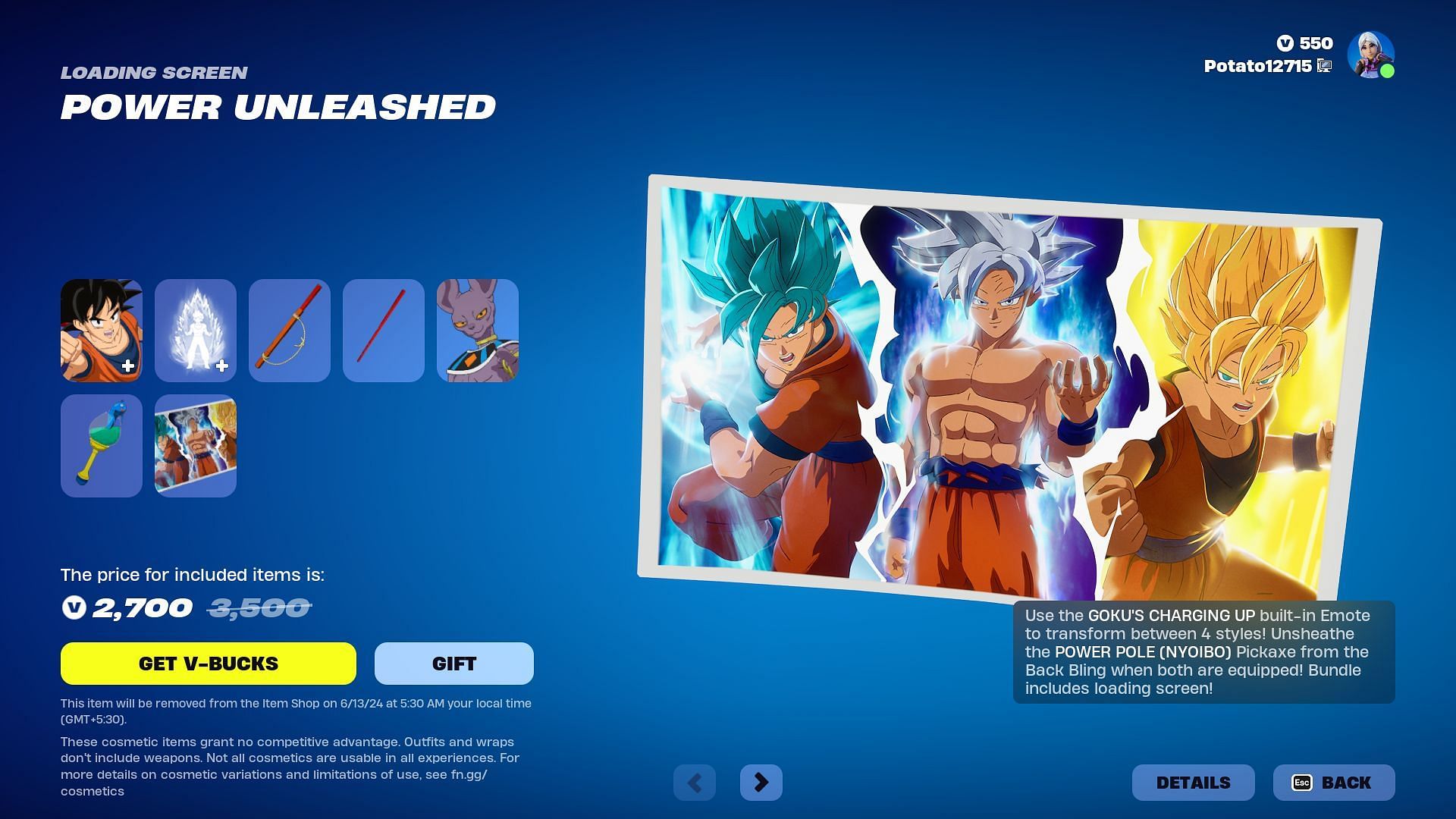 Son Goku and Beerus (Dragon Ball) skin in Fortnite are currently listed in the Item Shop (Image via Epic Games)