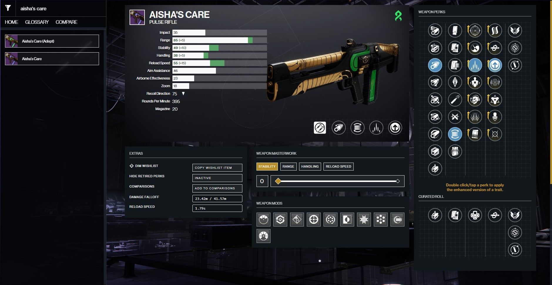 Aisha&#039;s Care PvE god roll in Destiny 2 (Image via Bungie)