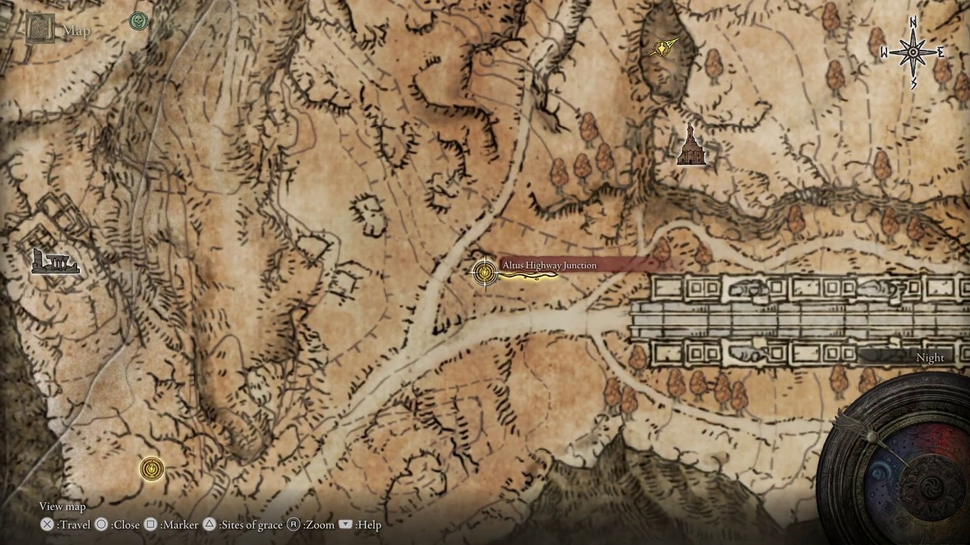 Location of Amber Starlight Shard as marked by Tarnished&#039;s position relative to Altus Highway Junction (Image via FromSoftware/YouTube-Ventus SGN Plays)