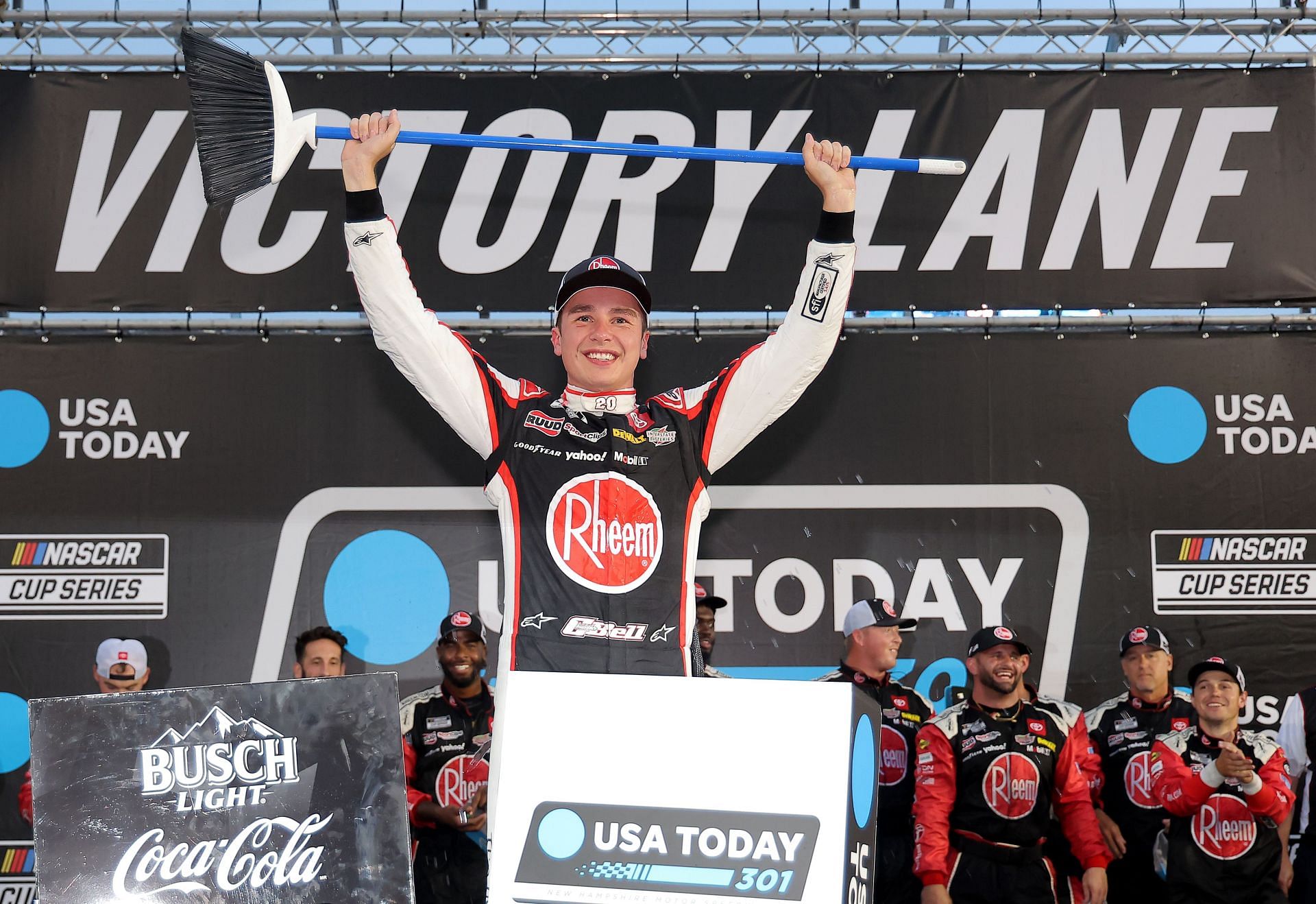 Christopher Bell, driver of the #20 Rheem Toyota, celebrates in victory lane after winning the NASCAR Cup Series USA Today 301 at New Hampshire Motor Speedway on June 23, 2024 in Loudon, New Hampshire. (Photo by Jonathan Bachman/Getty Images)