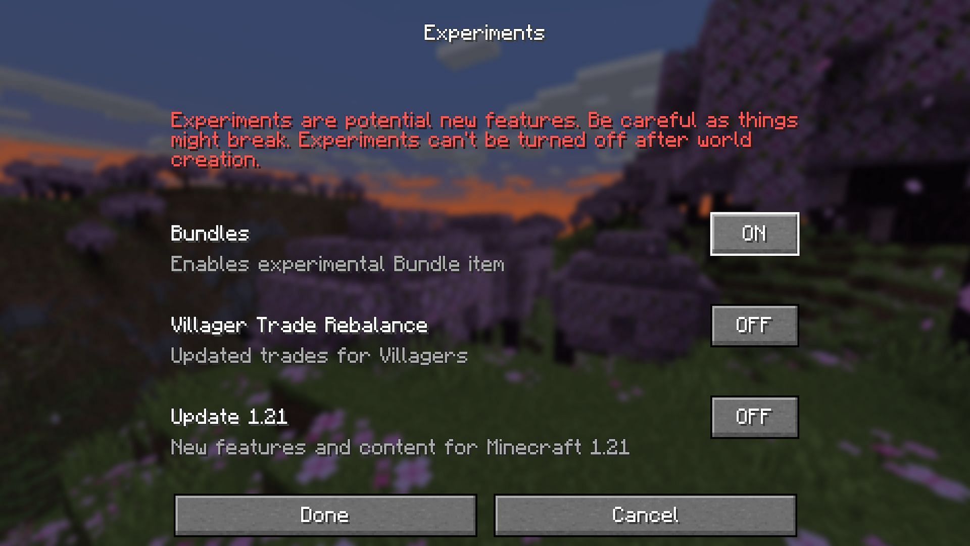 The toggle for bundles switched to &quot;On&quot; (Image via Mojang)