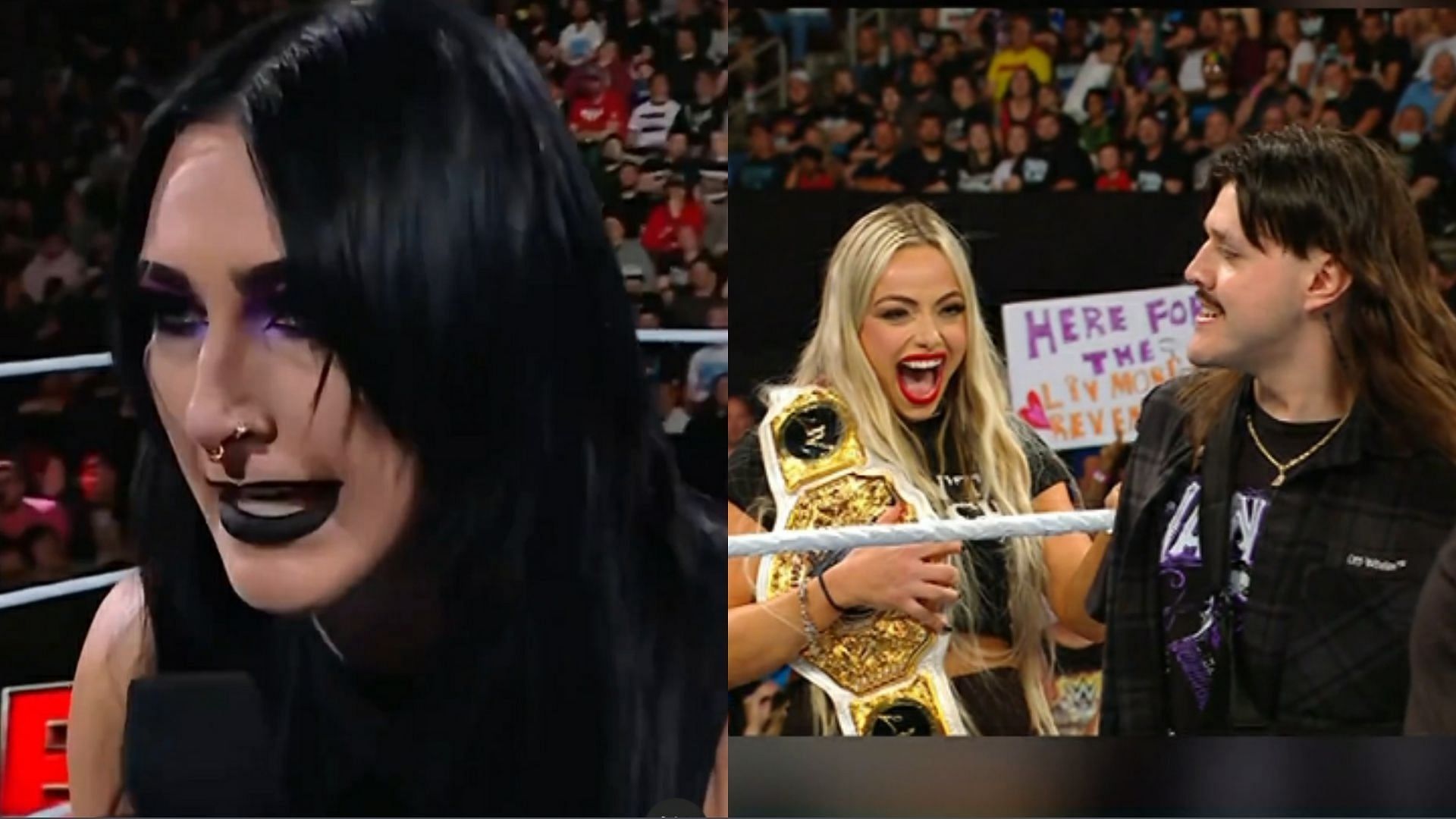 Rhea Ripley (left); Liv Morgan &amp; Dominik Mysterio (right)
