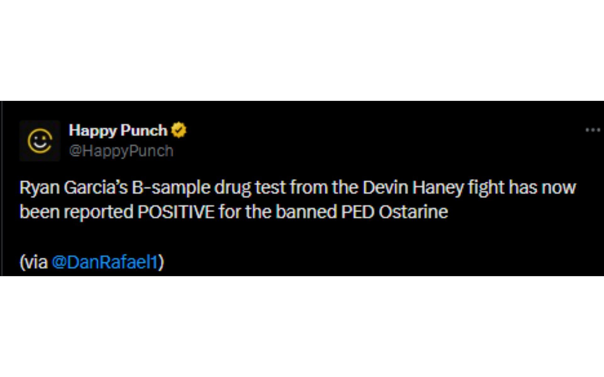 Happy Punch's tweet reporting Garcia's failed 'B' sample [Image courtesy: @HappyPunch - X]