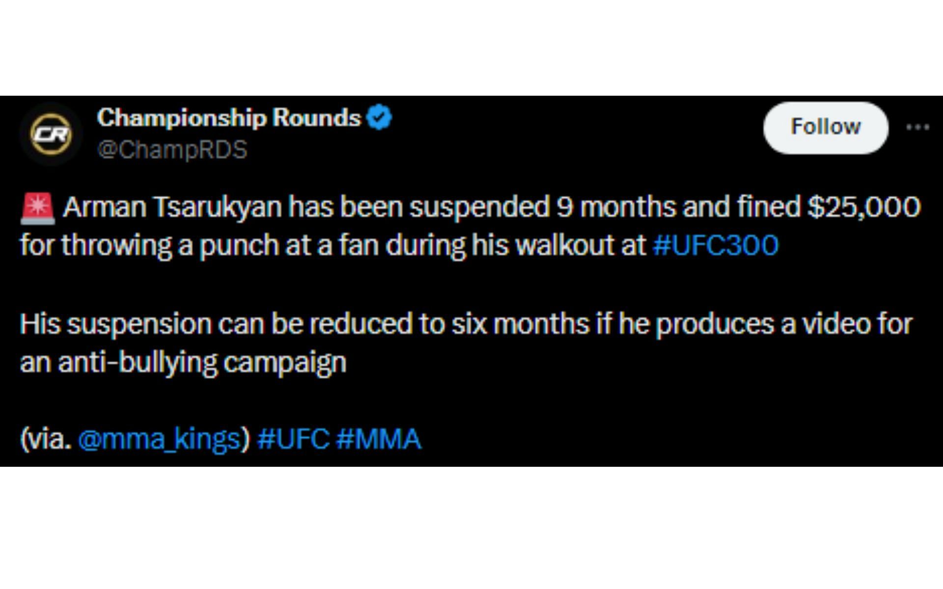 Championship Rounds&#039; tweet regarding Tsarukyan&#039;s suspension [Image courtesy: @ChampRDS- X]