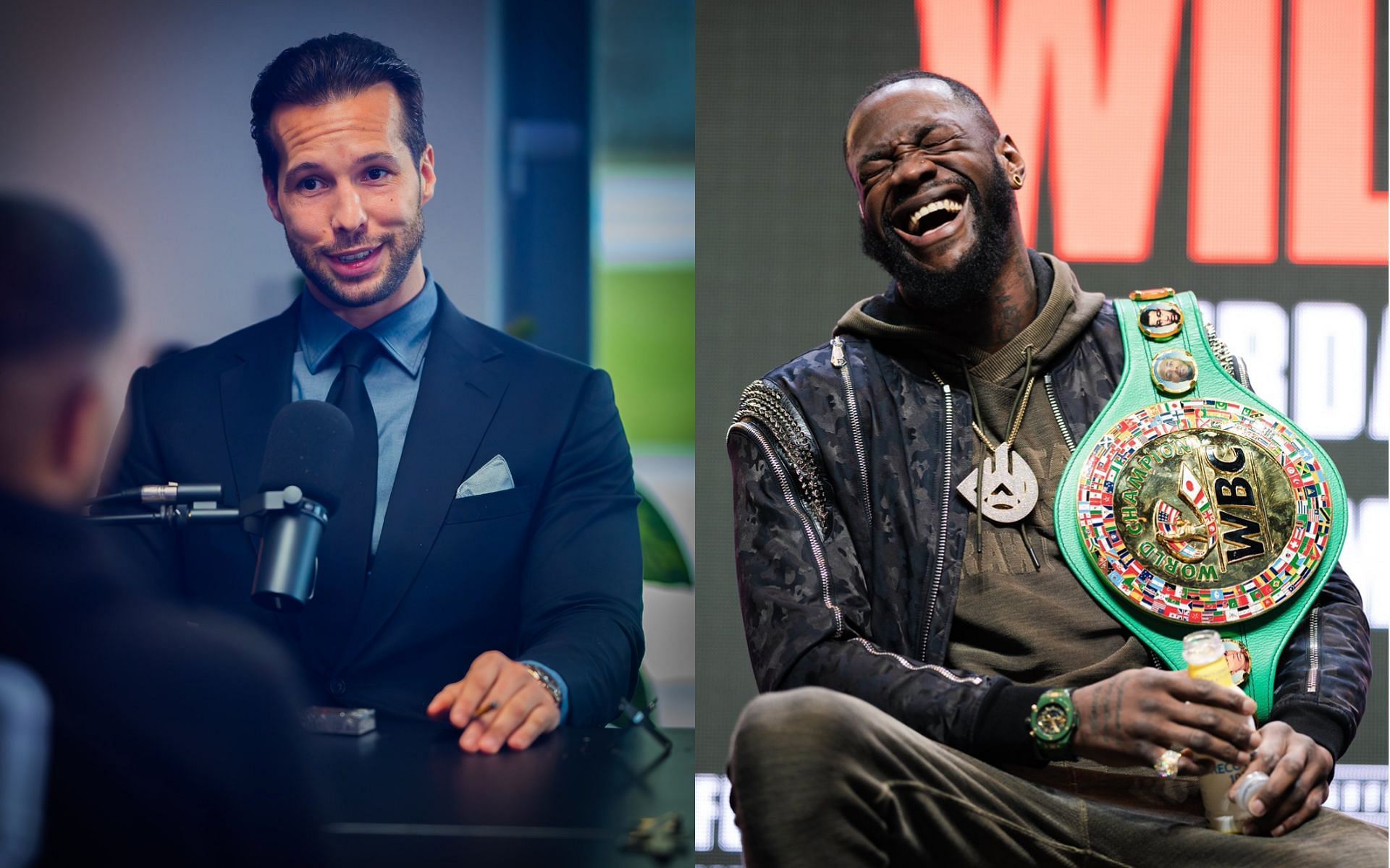 Tristan Tate (left) thanks Deontay Wilder (right) for his championship boxing career [Photo Courtesy @bronzebomber and @tatethetalisman on X]