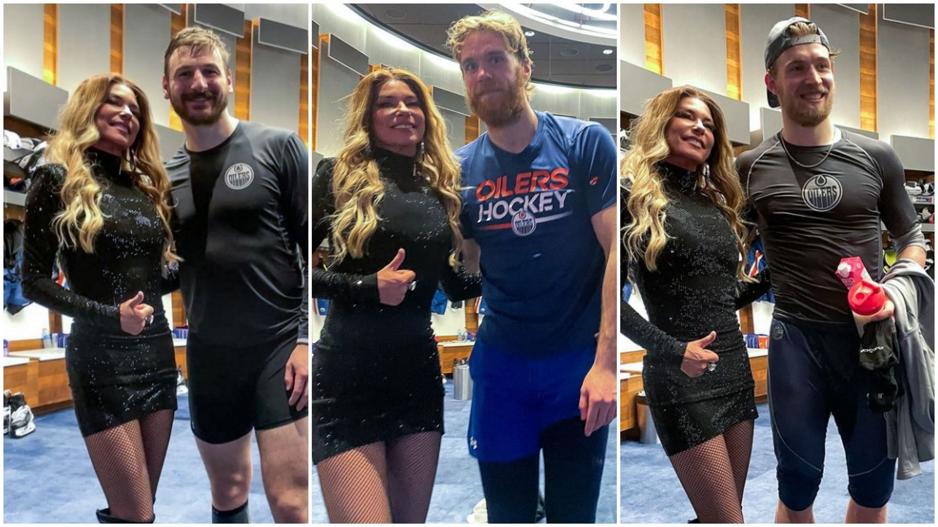 Shania Twain poses with Oilers stars