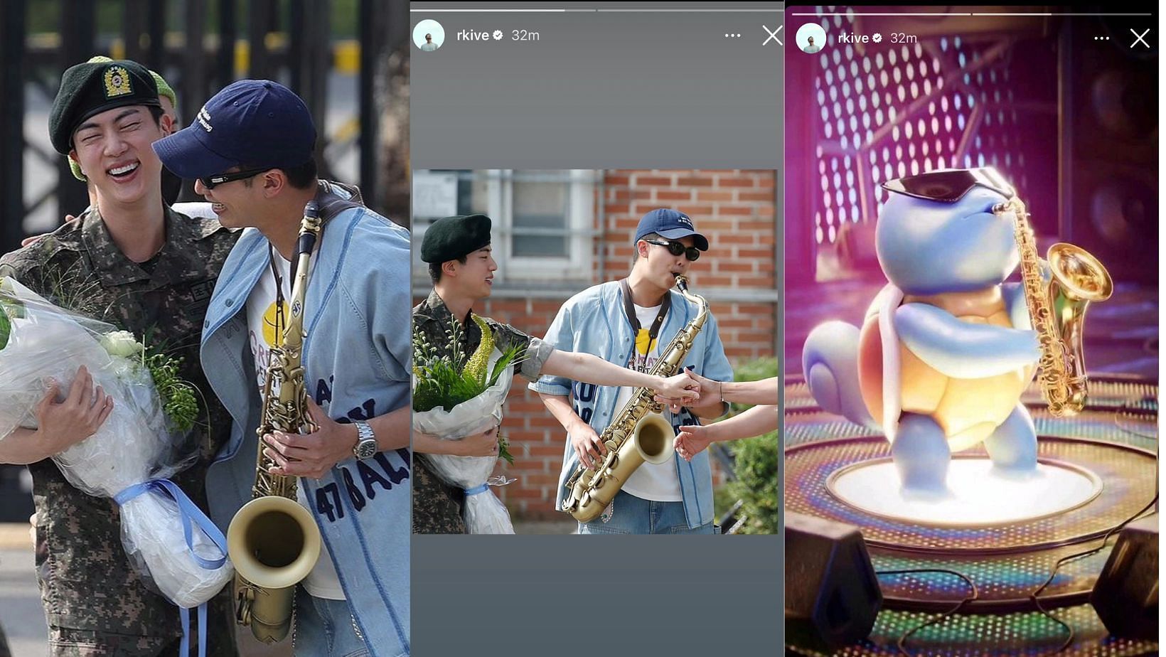 BTS Namjoon shares the meme made about him playing Saxophone at Jin&rsquo;s discharge event. (Images via Instagram Stories/@rkive)