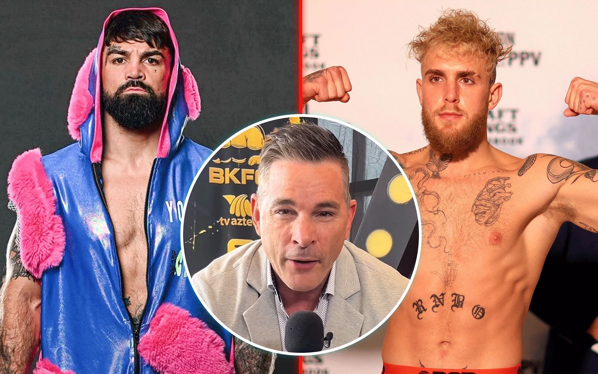 BKFC founder Dave Feldman (inset) reacts to Jake Paul (right) vs. Mike Perry (left) [Images courtesy: @azteca_deportes_network , @platinummikeperry on Instagram and Getty]