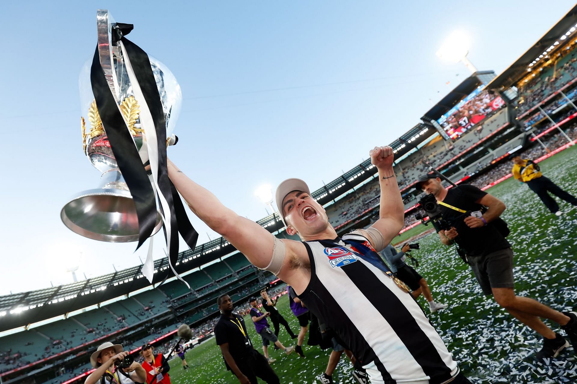 Brayden Maynard of the Magpies celebrates with the premiership cup during the 2023 AFL Grand Final match