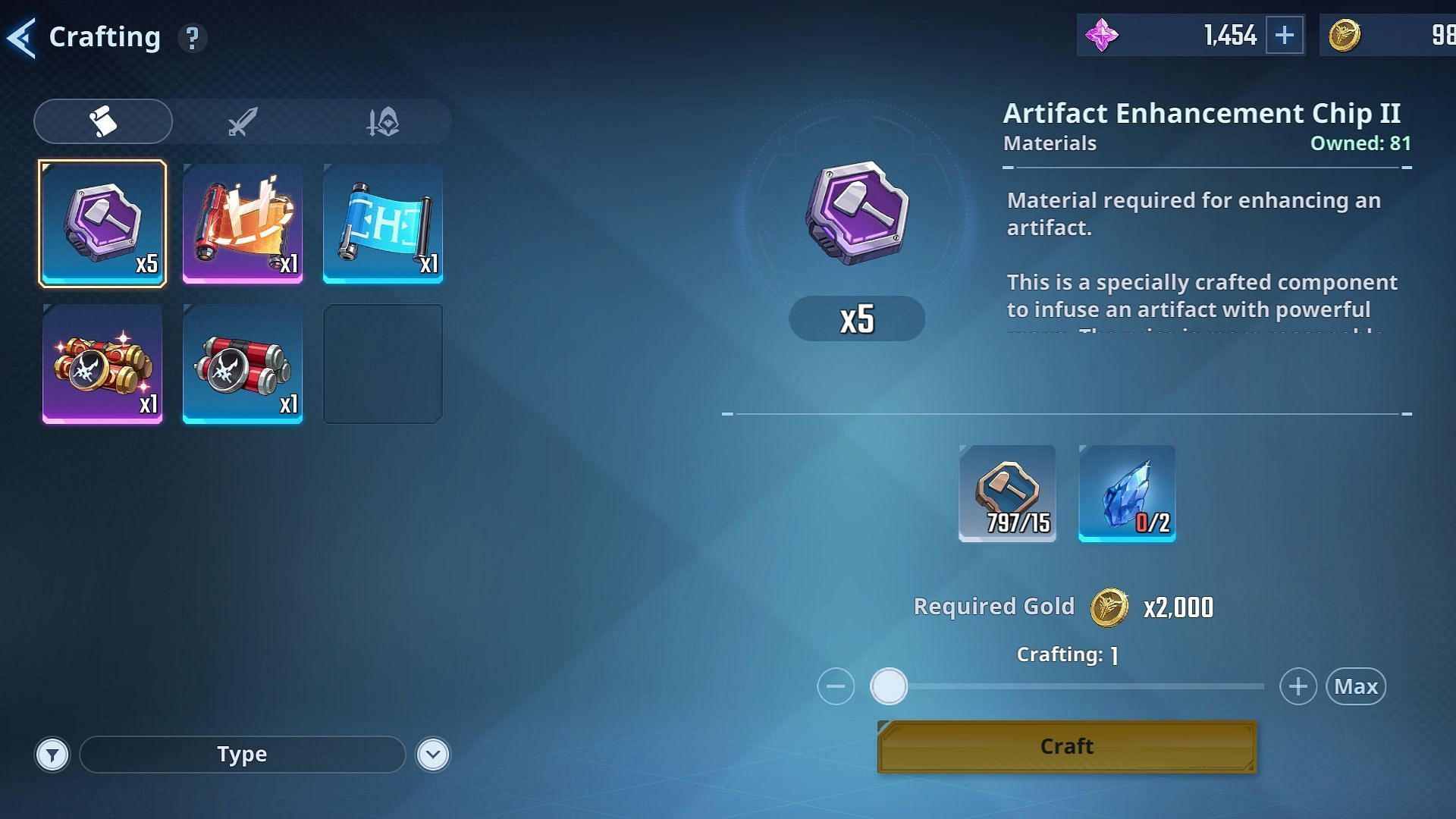 You can Craft Artifact Enhancement Chips II using low-tier Mana Crystal and tier I chips. (Image via Netmarble)